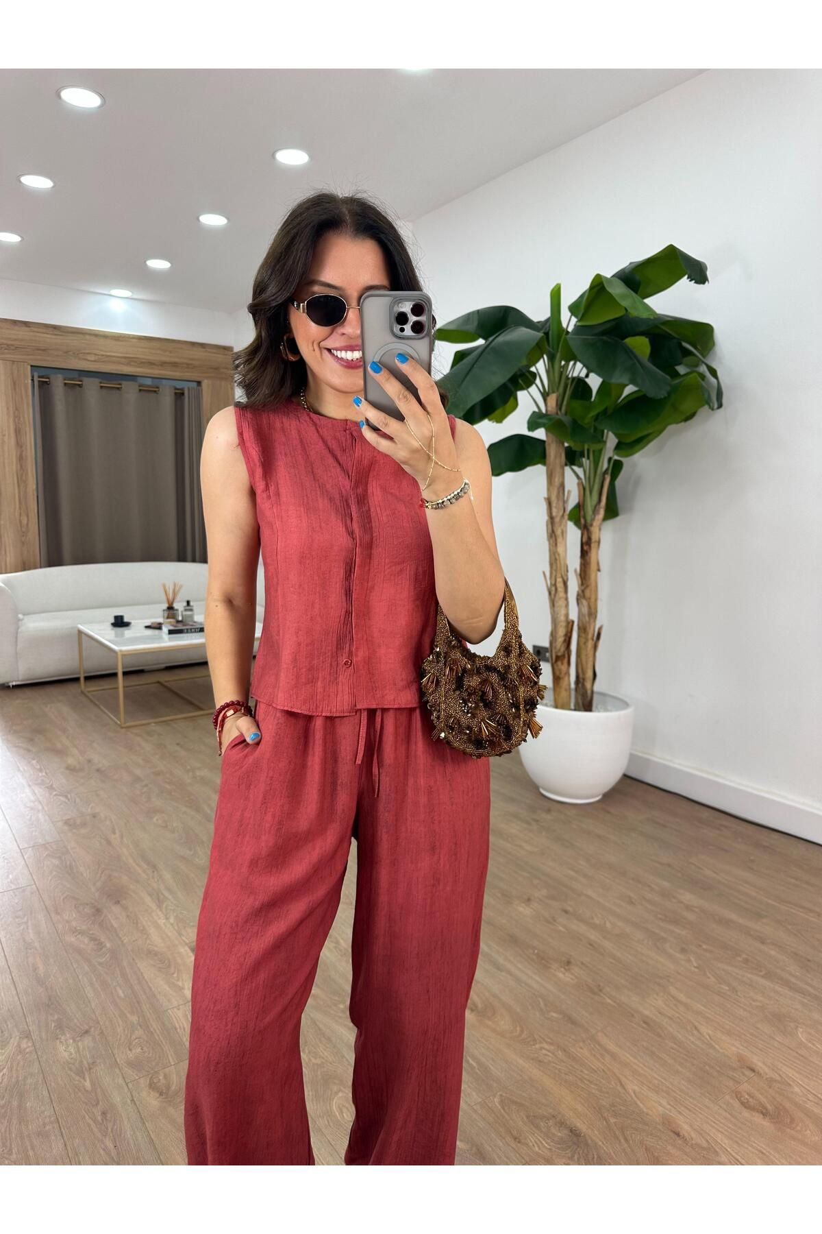 2she Orijinal Marka Beli Lastikli Pantolon Yelek Takım - Kiremit