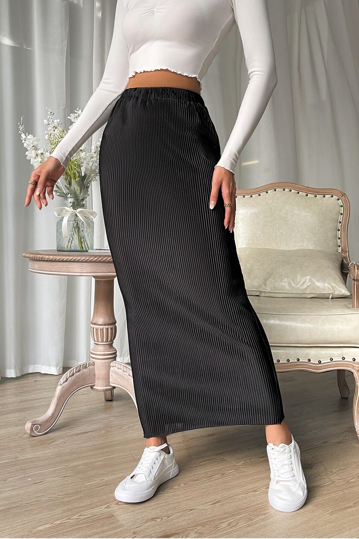 MODAGEN Kadın Siyah Beli Lastikli Maxi Boy Piliseli Etek