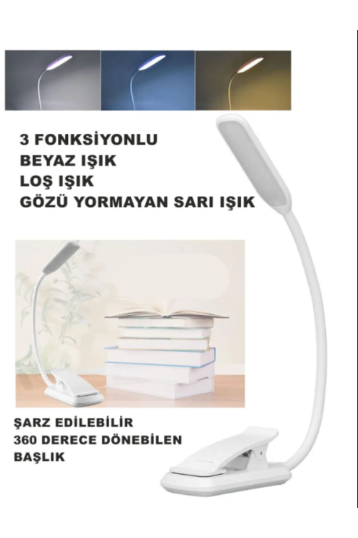 SEDAŞ LIVING UNITS Şarj Edilebilir Klipsli Kitap Okuma Işığı Led Kitap Arası Okuma 3 Farklı Işık Mandallı Lamba Masa