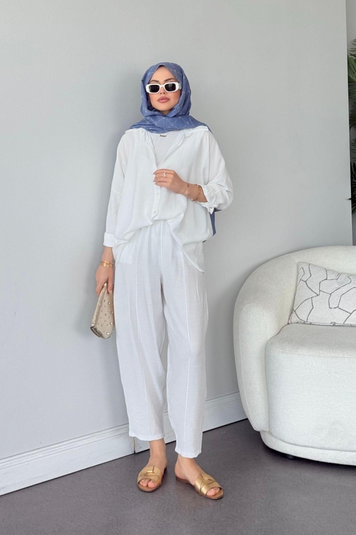 HAZA MODA Pargalı Şalvar Takım Beyaz