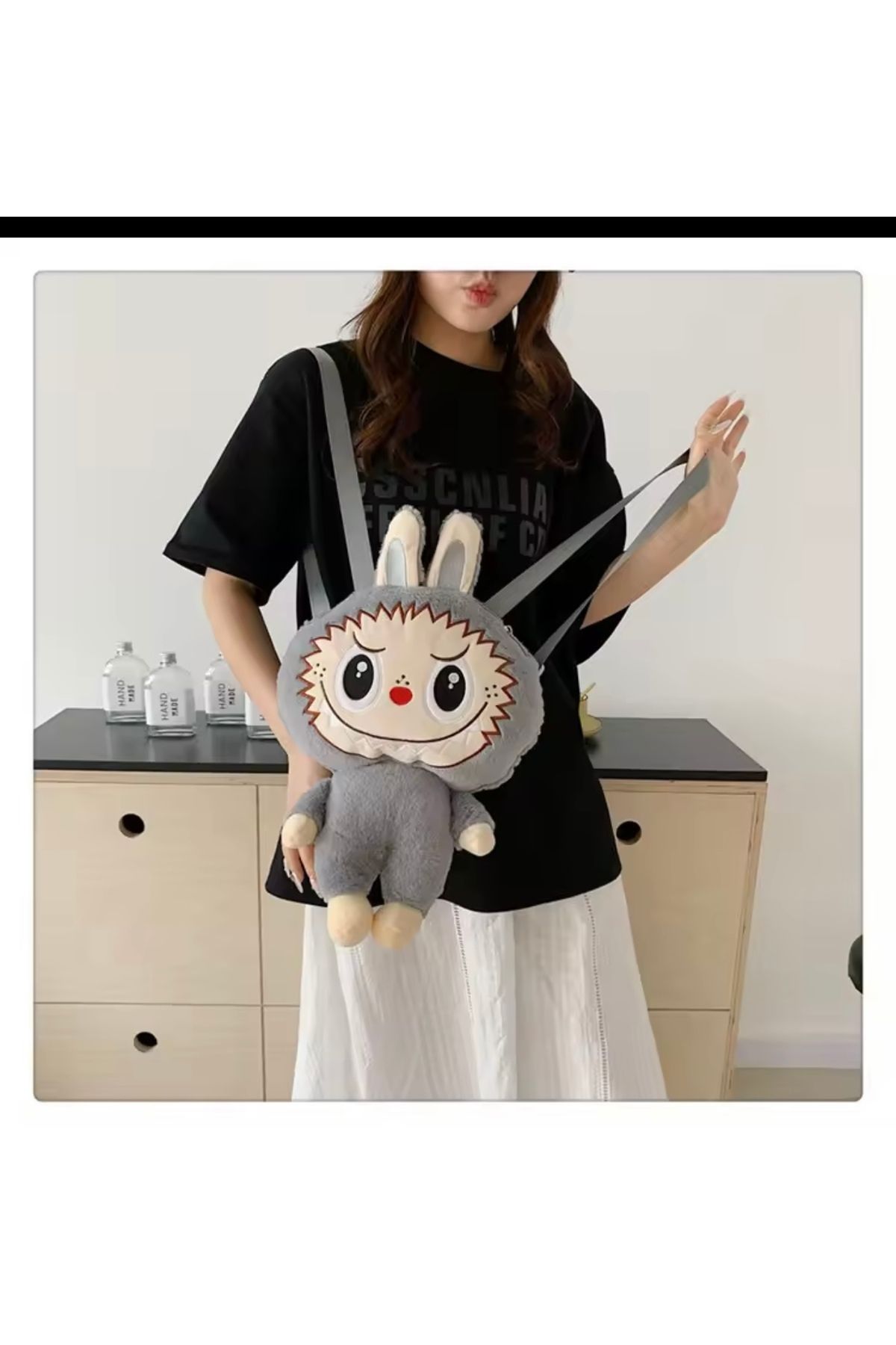 happystoretr Gri Labubu çizgi film bebeği Büyük Kapasiteli Sırt Çantası Taşınabilir Kız Gezi Moda çantası
