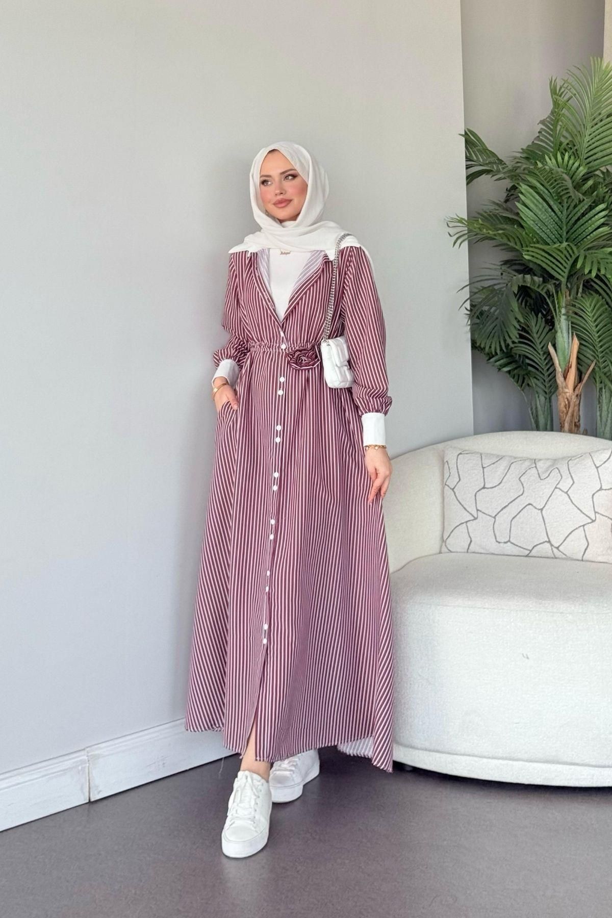 HAZA MODA Love Çizgili Elbise Bordo