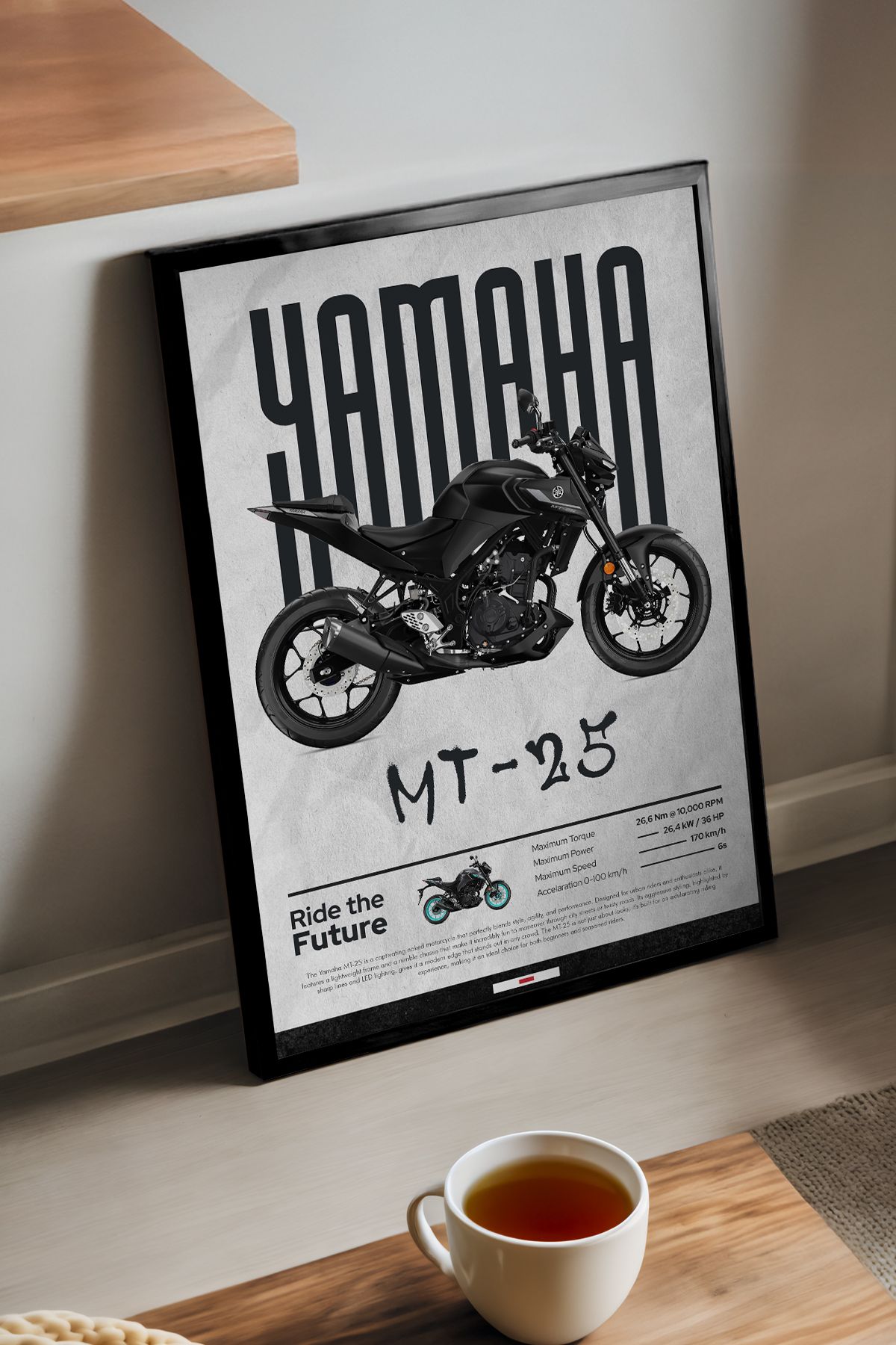 Yamaha MT-25 Siyah Ahşap Çerçeveli Motosiklet Duvar Tablosu