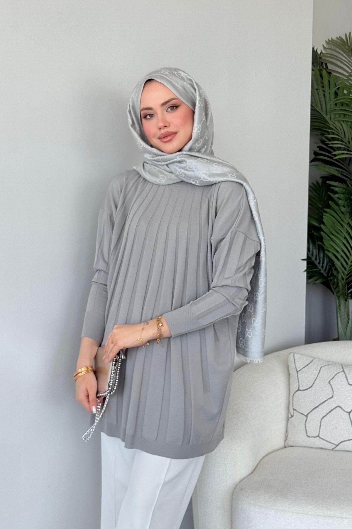 HAZA MODA Gökkuşağı Merserize Tunik Gri