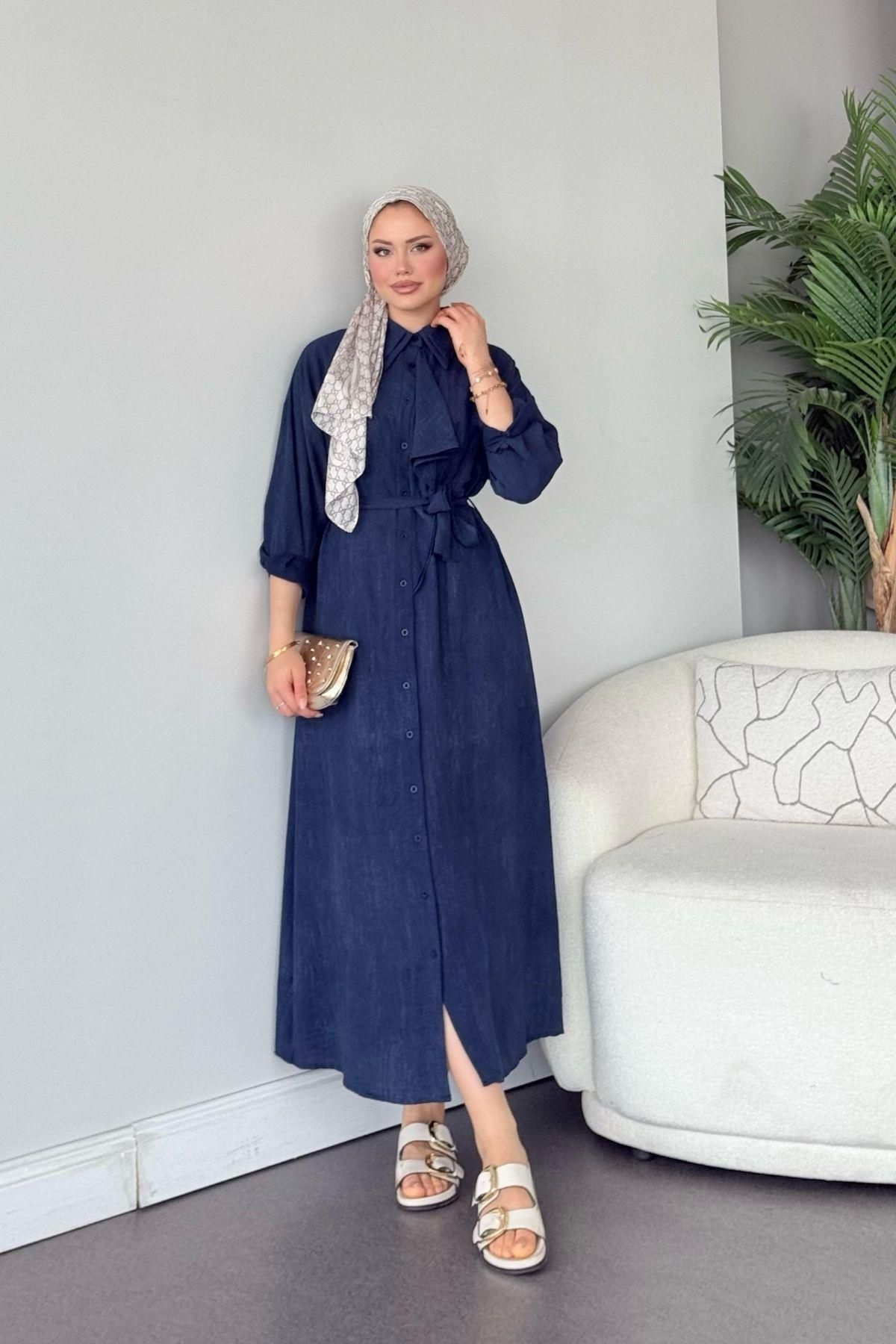 HAZA MODA Urla Fırfırlı Elbise Lacivert
