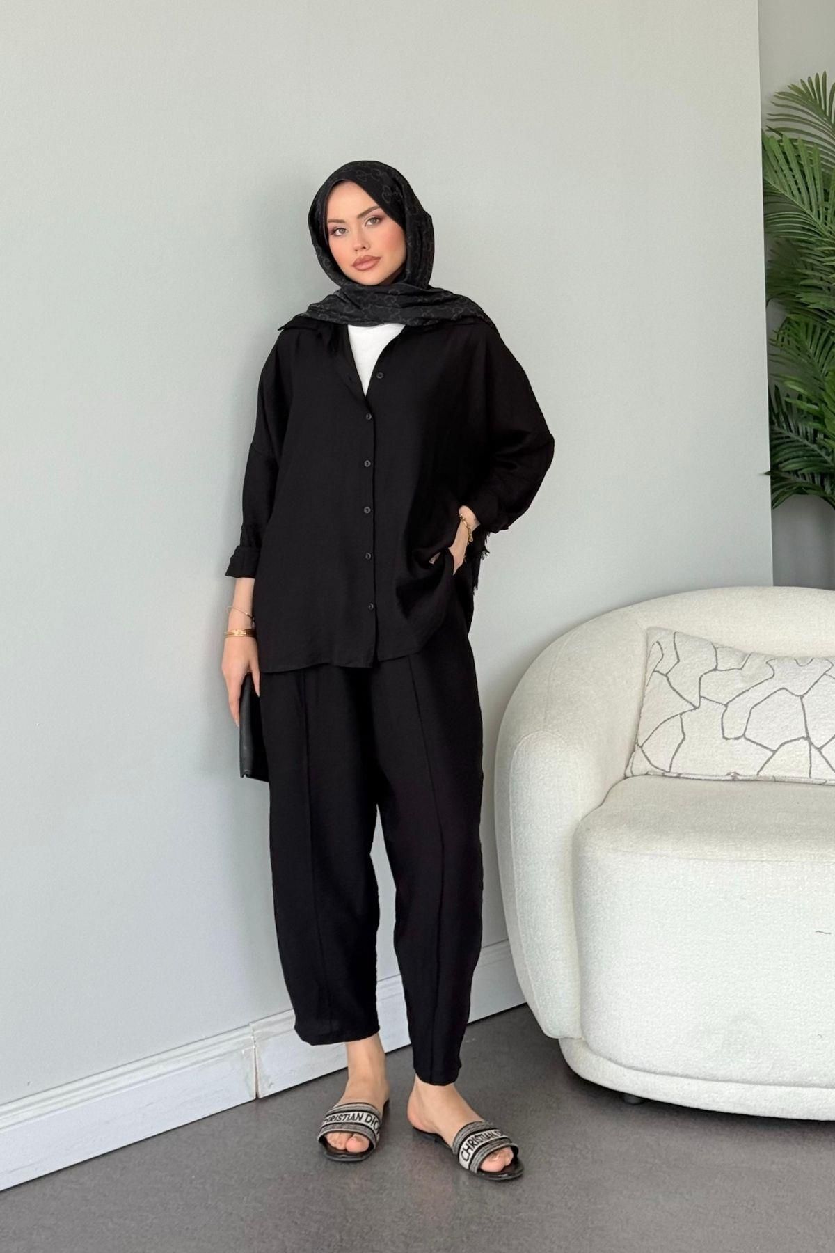 HAZA MODA Pargalı Şalvar Takım Siyah