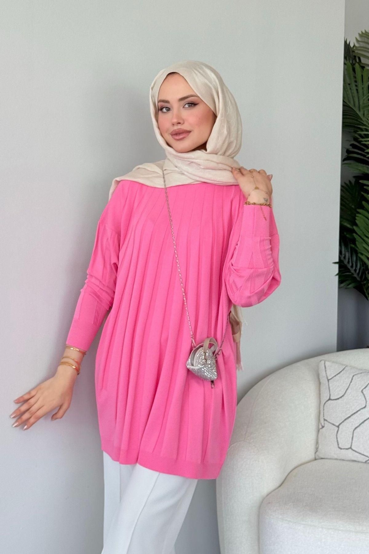 HAZA MODA Gökkuşağı Merserize Tunik Pembe