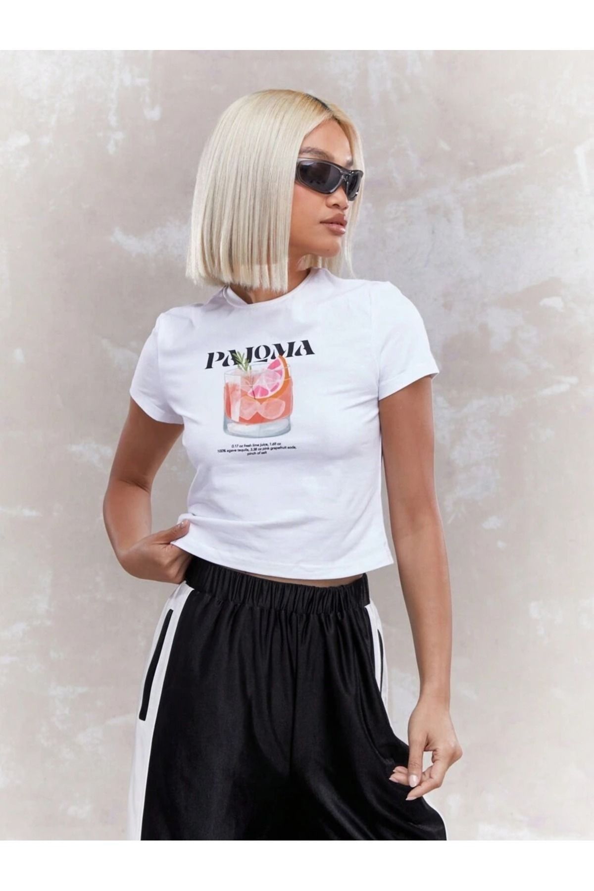 PALPİTO Kadın Beyaz Paloma Baskılı Bisiklet Yaka Dar Crop Tshirt