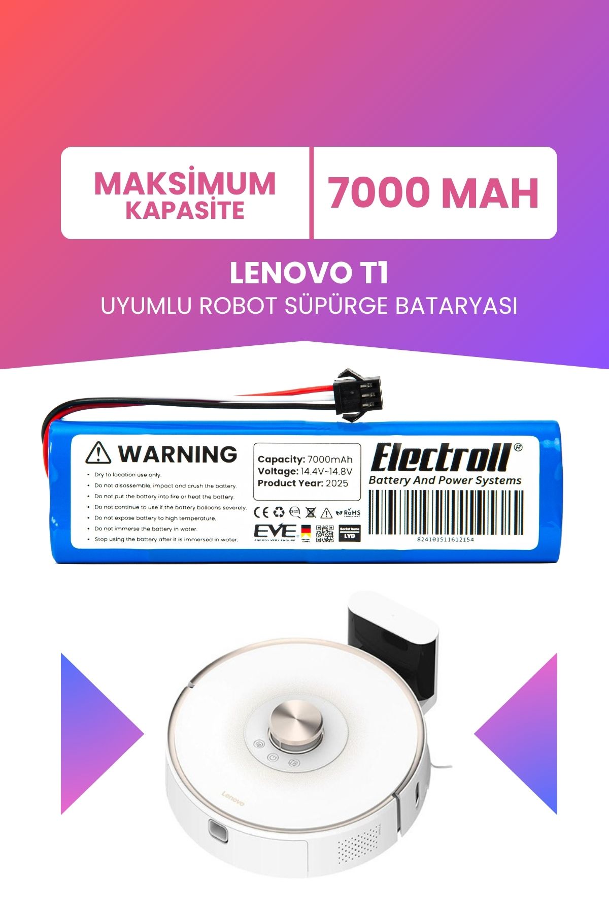 ELECTROLL Lenovo T1 Uyumlu Batarya (MAKSİMUM KAPASİTE) 7000mah Pil Robot Süpürge Bataryası Değişimi