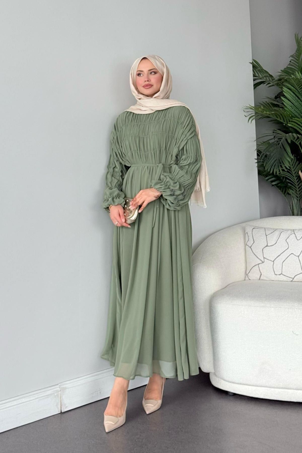 HAZA MODA Royal Büzgülü Elbise Mint