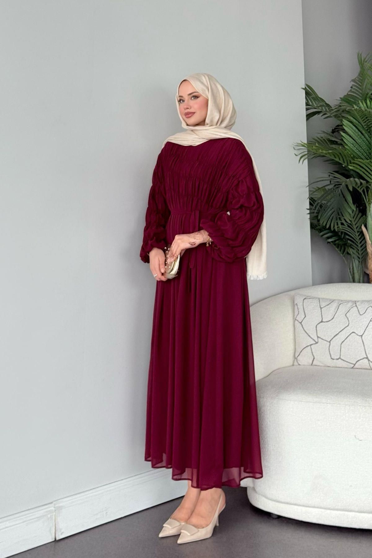 HAZA MODA Royal Büzgülü Elbise Bordo