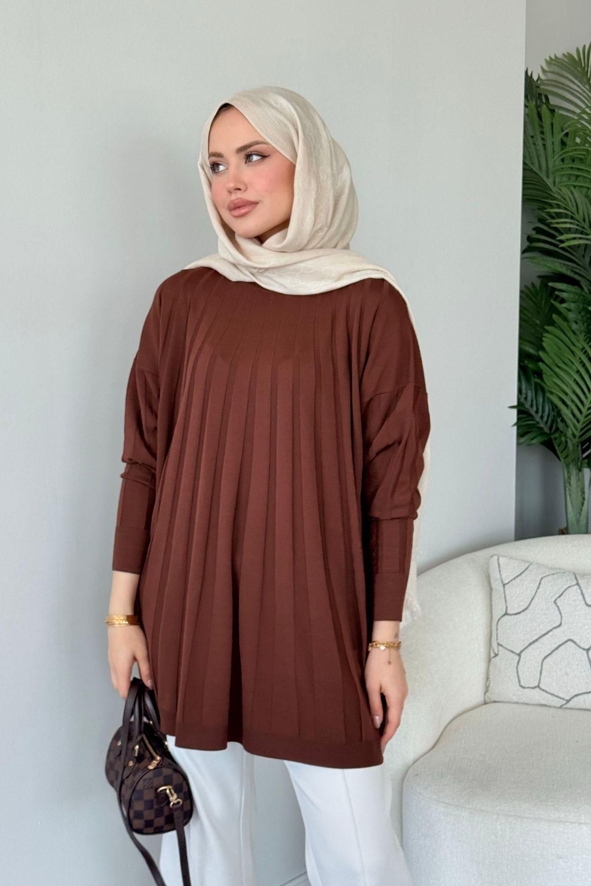 HAZA MODA Gökkuşağı Merserize Tunik Kahve