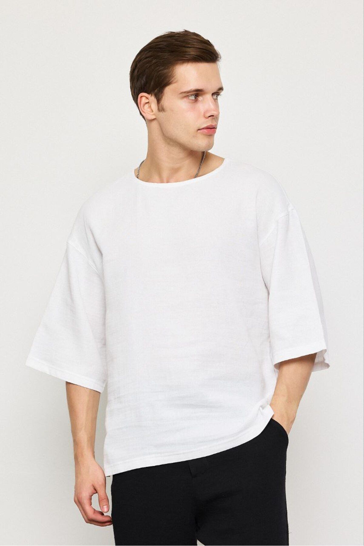 First Man Erkek Keten Fakir Kol Oversize T-shirt