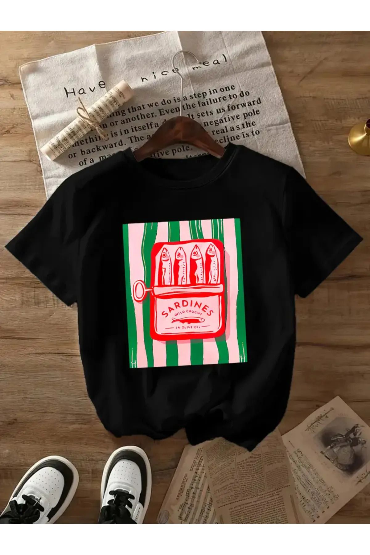 Koklonmoda Büyük Beden Unisex Sardines Baskılı Oversize T-Shirt