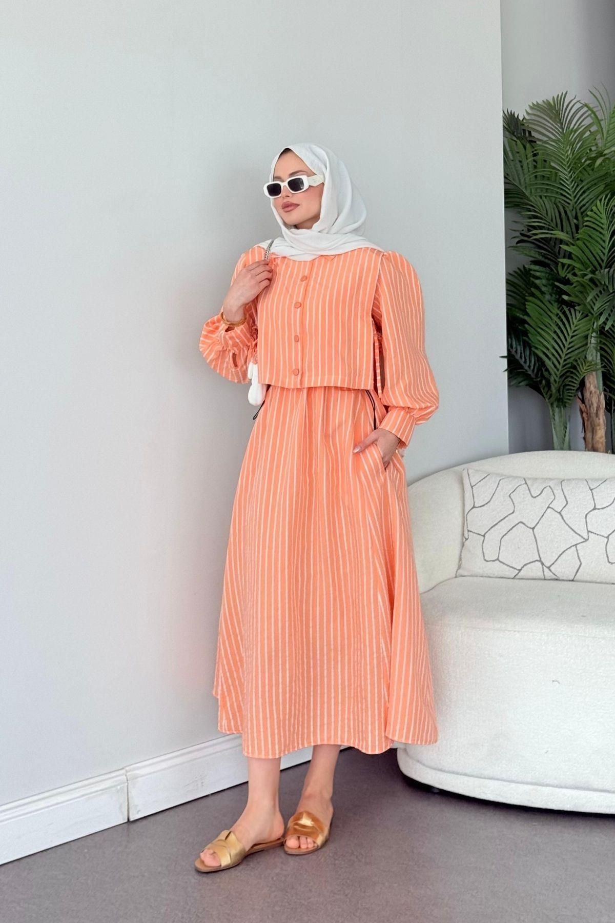 HAZA MODA Malibu Çizgili Elbise Turuncu