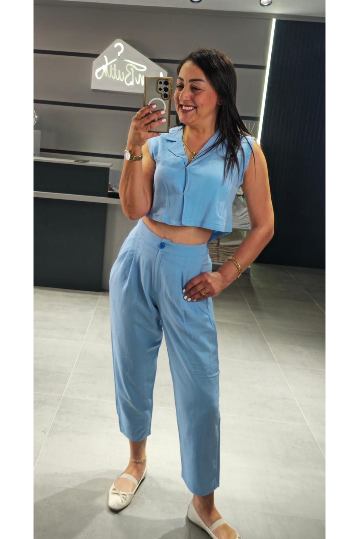 Basic & me KETEN YELEK PANTOLON BEBE MAVİSİ