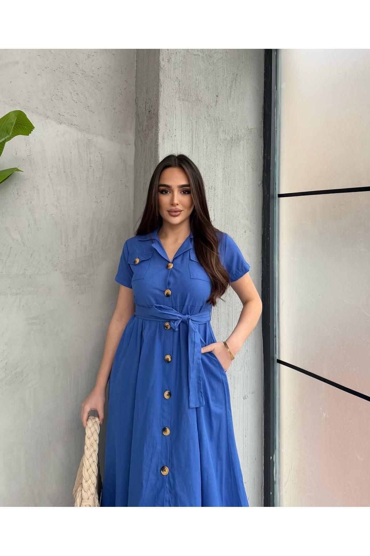 Anna Moda Mavi Kısa Kol Kuşaklı Elbise