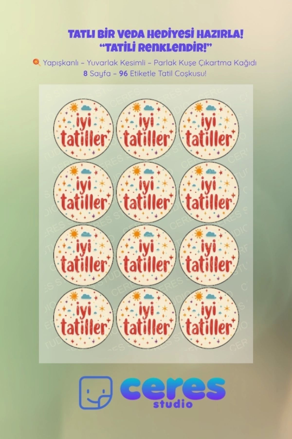 Ceres Studio İyi Tatiller Sticker Seti - 96 Adet Yuvarlak Etiket | Yapışkanlı, Parlak Kuşe Çıkartma Kağıdı