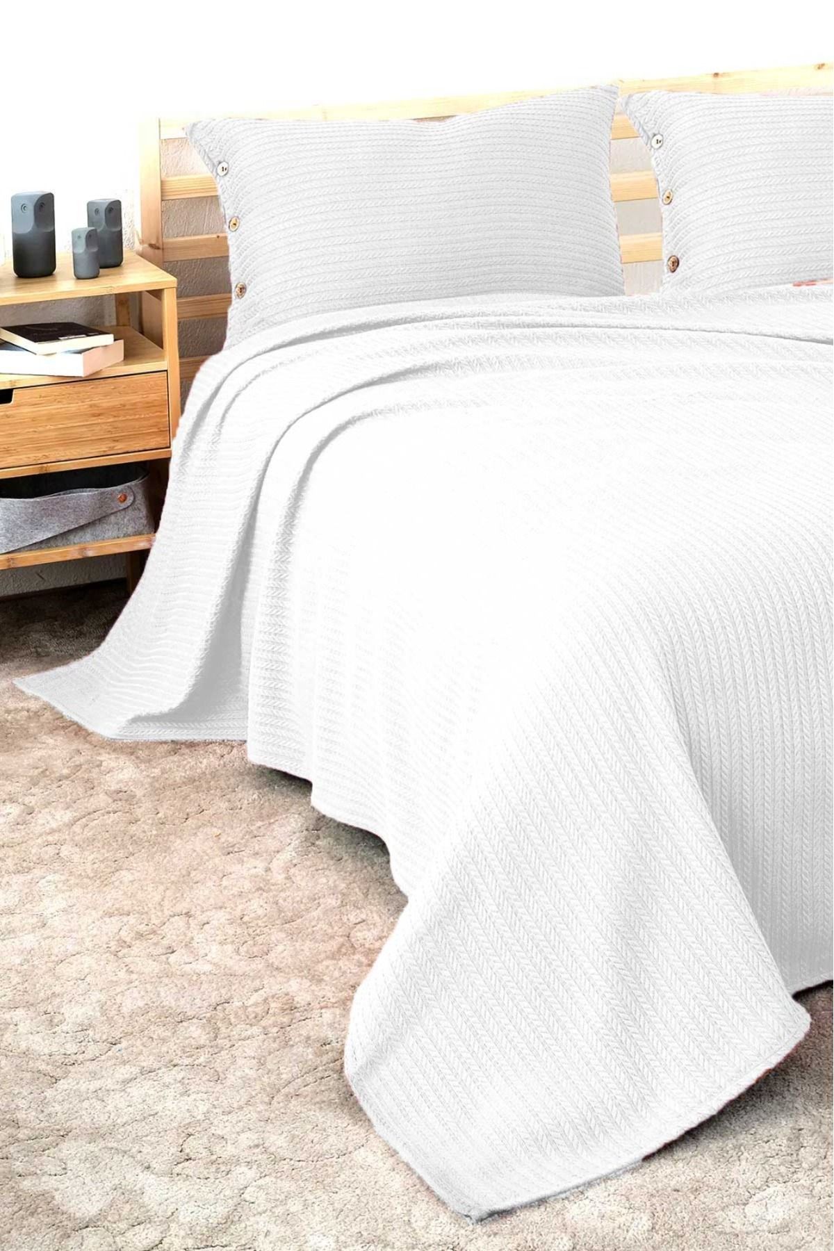 Cottonest Çift Kişilik Örgü PİKE Yatak Örtüsü 2 Yastıklı