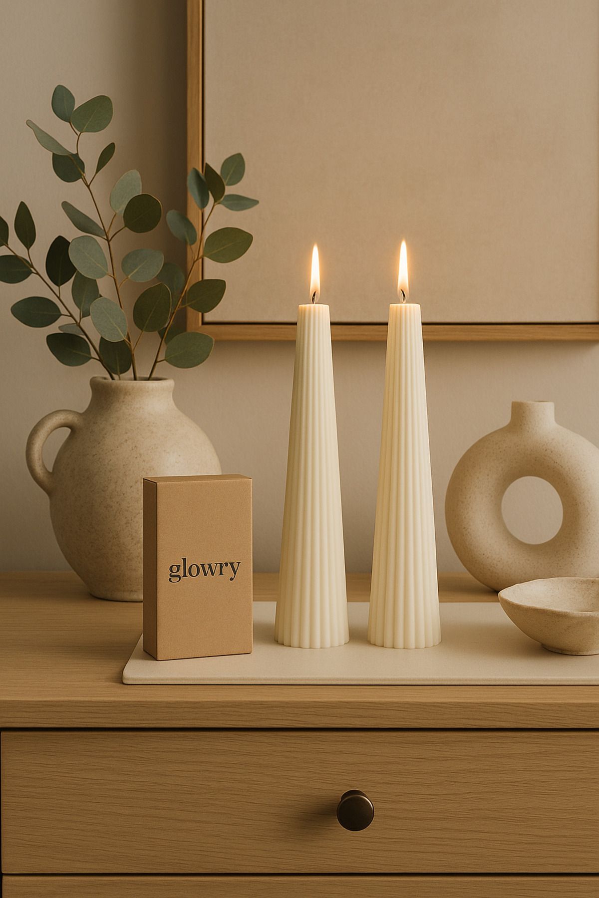 Glowry Home Doric Dekoratif Spiral Mum 2’li Set - Krem Renk | El Yapımı | Kokusuz