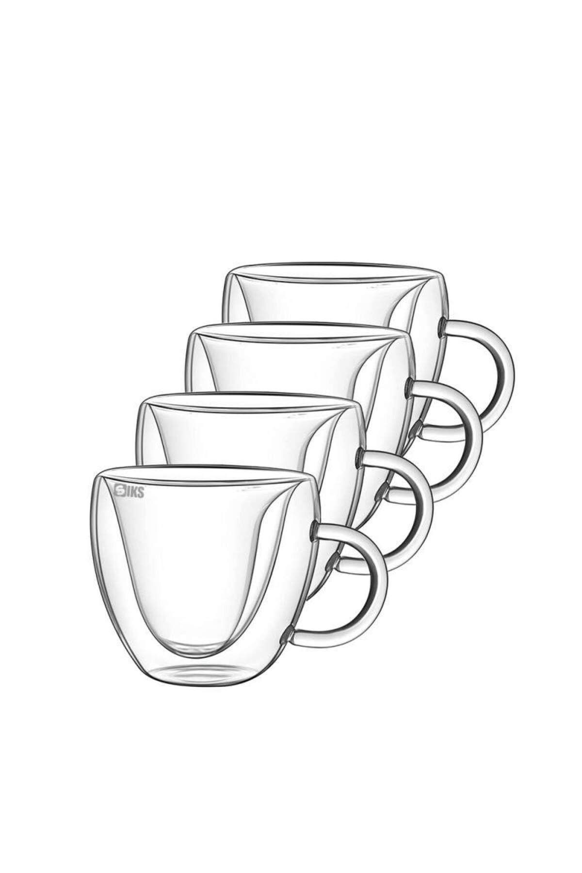 SIKS Set De 4 Căni Siks Din Sticlă Cu Pereți Dubli, 4 Farfurioare Rotunde Din Sticlă, Capacitate 250 Ml, Transparente - One Size