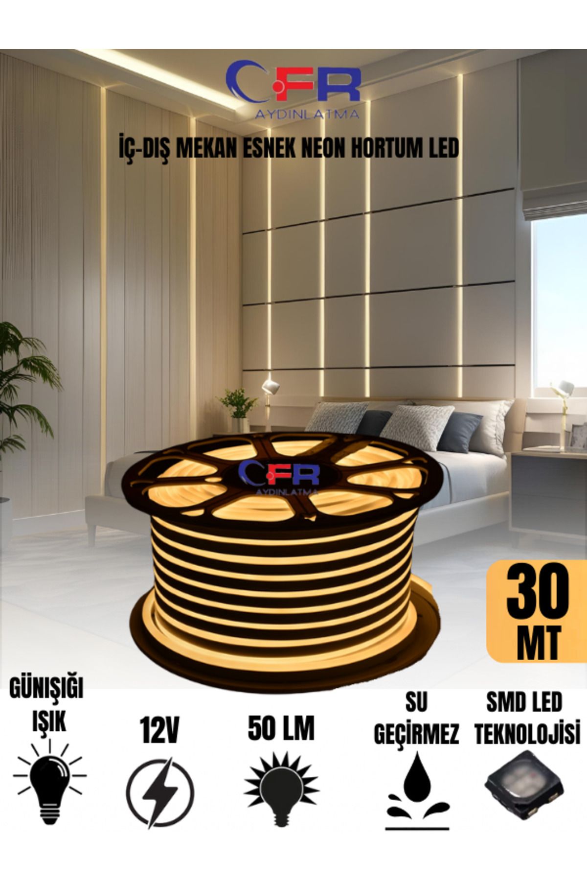 CFR LED AYDINLATMA Neon Hortum Şerit Led Günışığı, Rengi + 220v Fiş/3,4,5,10,15,20,25,50,100 Metre