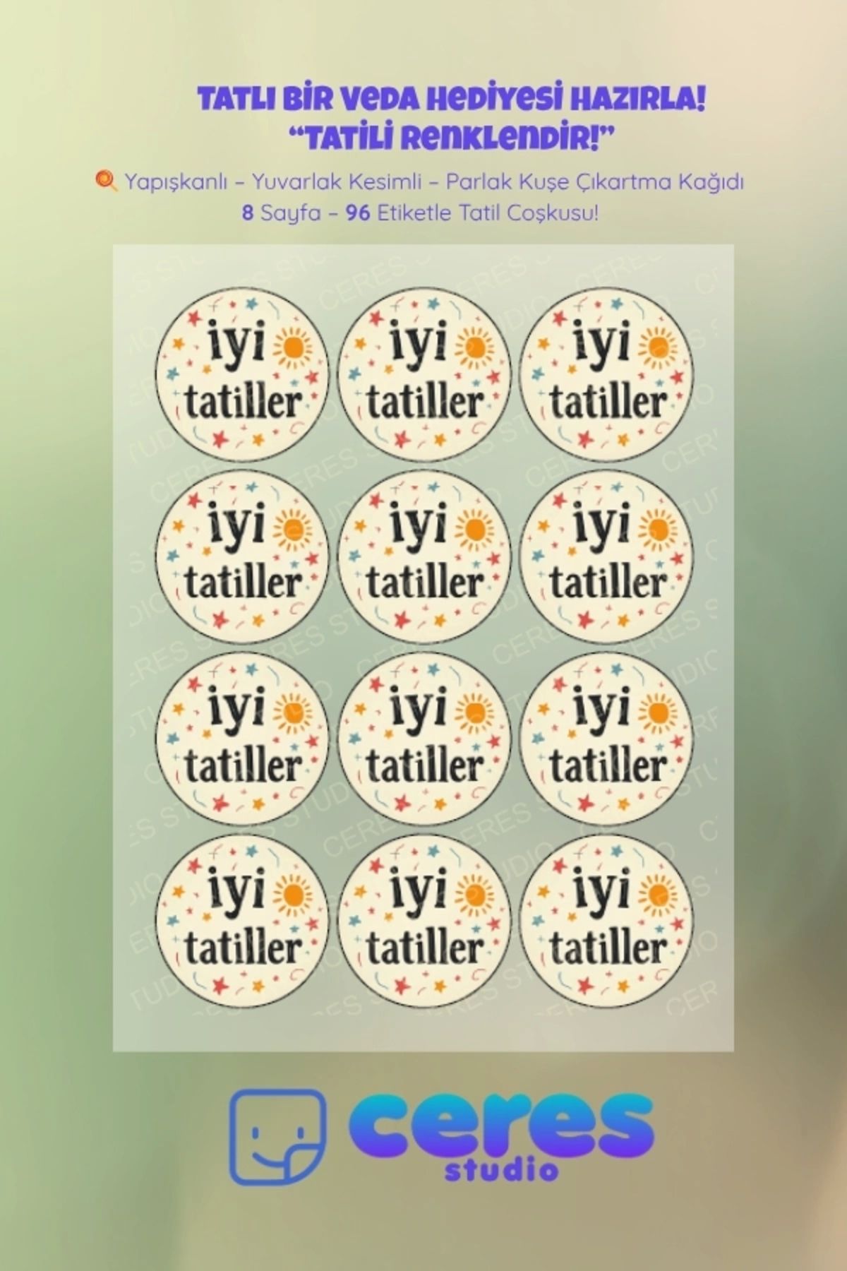 Ceres Studio İyi Tatiller Sticker Seti - 96 Adet Yuvarlak Etiket | Yapışkanlı, Parlak Kuşe Çıkartma Kağıdı