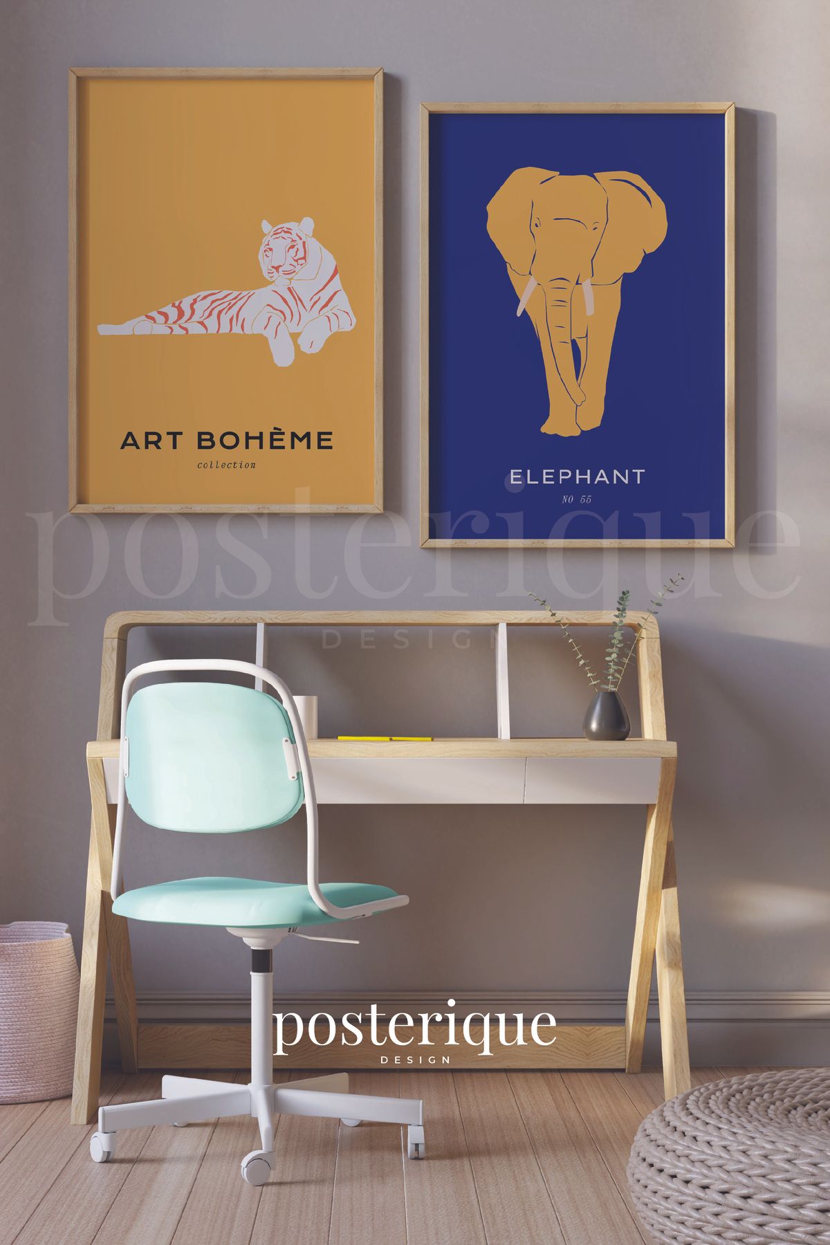 posterique Boheme Animal 2 li Çerçevesiz Tablo Çerçevesiz Poster Modern Poster Dekoratif Poster