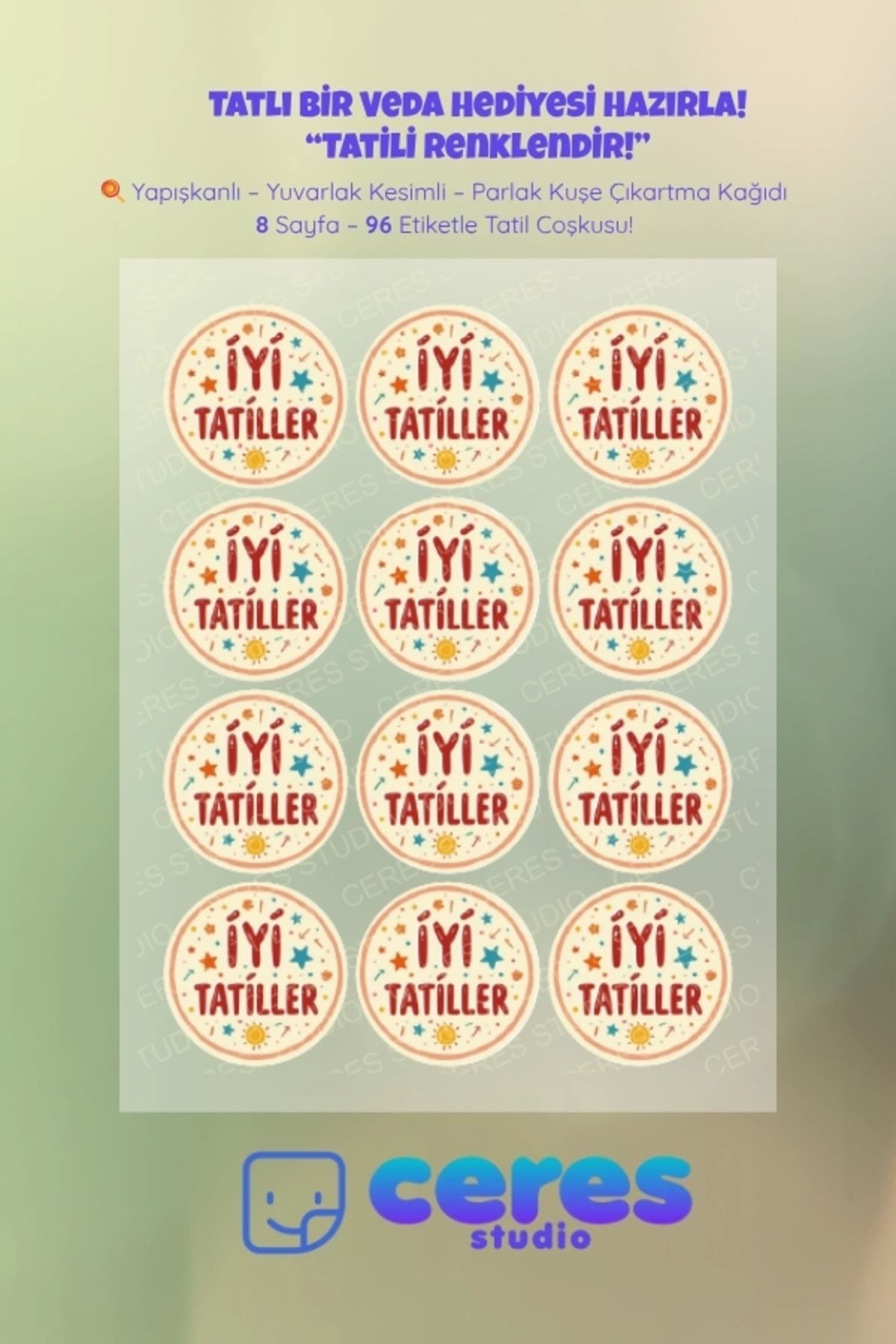 Ceres Studio İyi Tatiller Sticker Seti - 96 Adet Yuvarlak Etiket | Yapışkanlı, Parlak Kuşe Çıkartma Kağıdı