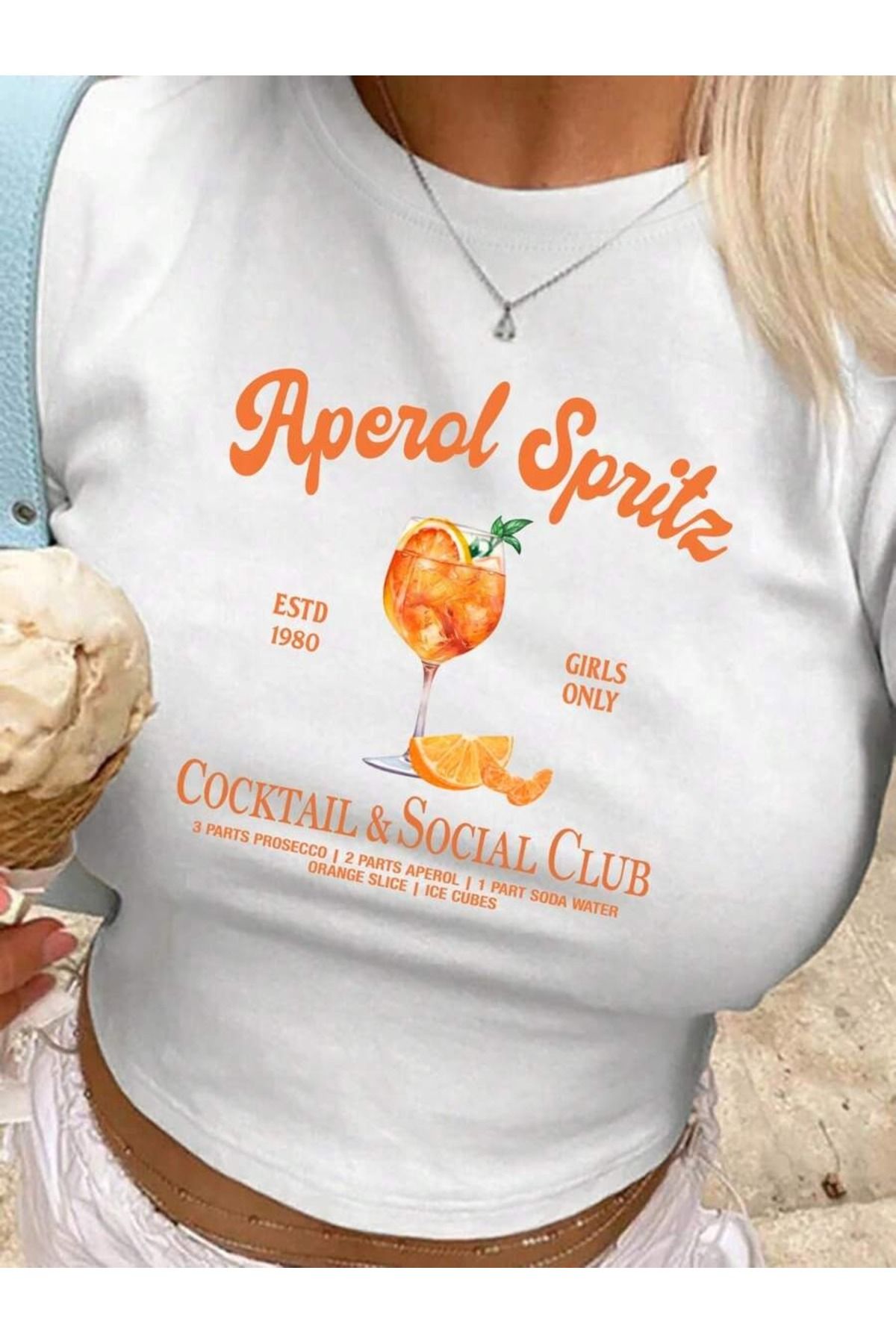 PALPİTO Kadın Beyaz Aperol Spritz Baskılı Bisiklet Yaka Dar Crop Tshirt