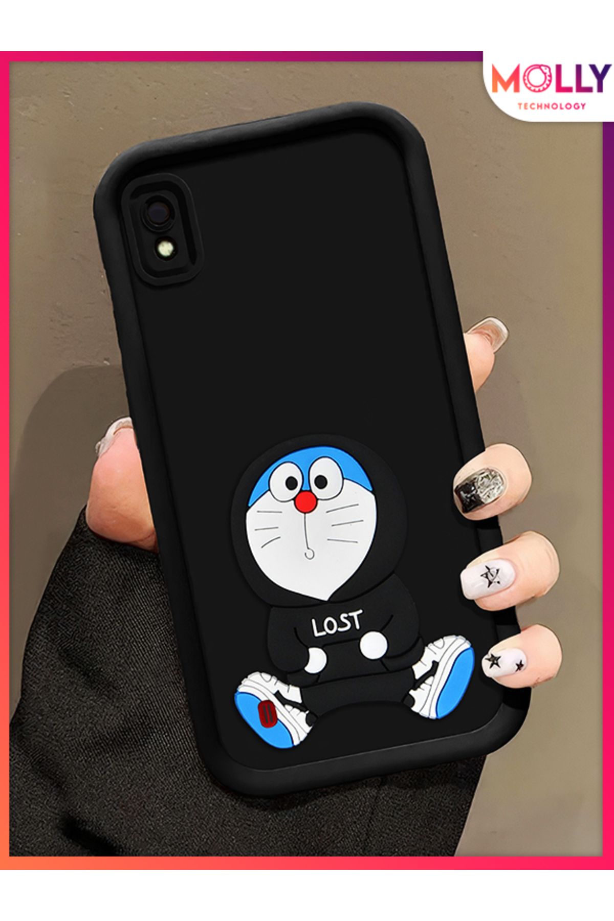 Molly Samsung Galaxy A10 İçin Siyah Kenarları Kalın 3d Kabartmalı Doraemon Silikon Kılıf