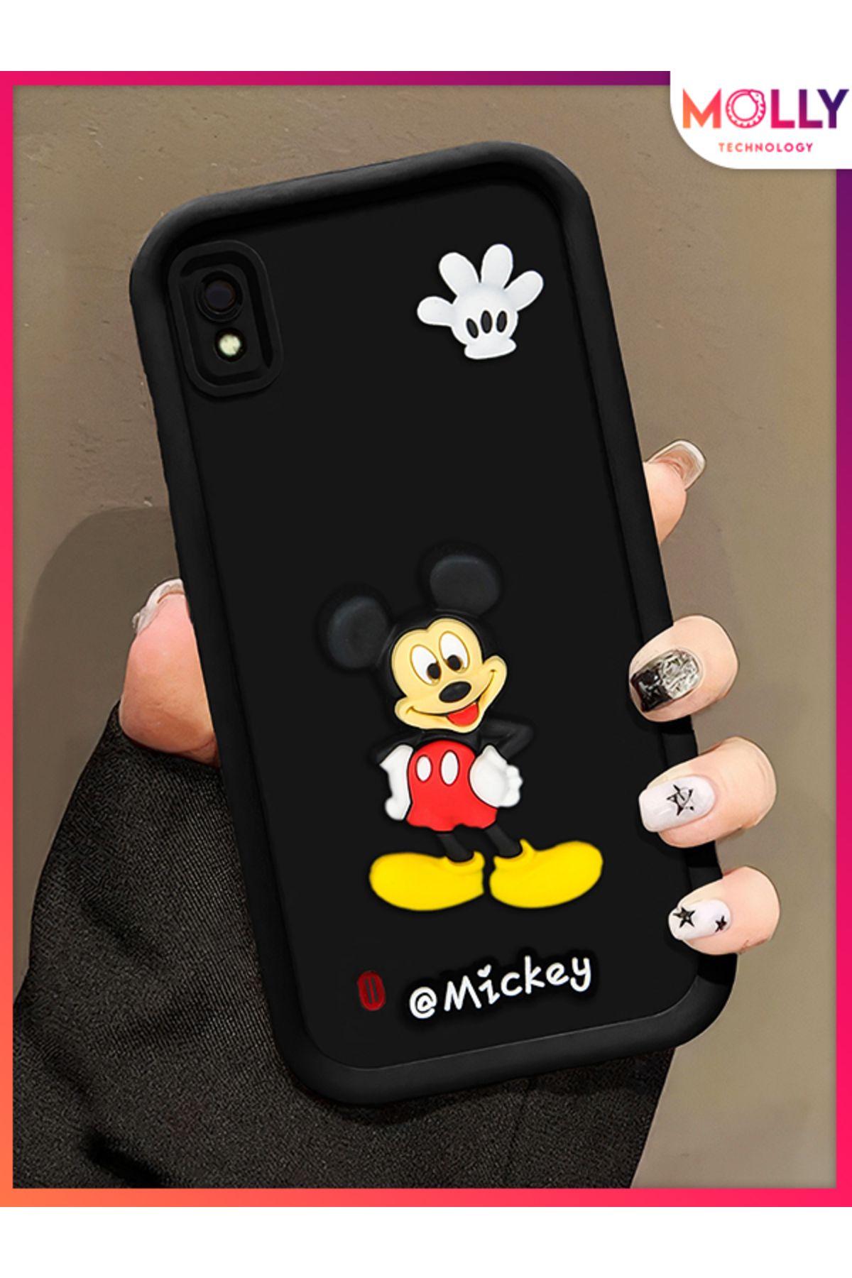 Molly Samsung Galaxy A10 İçin Siyah Kenarları Kalın 3d Kabartmalı Mickey Silikon Kılıf