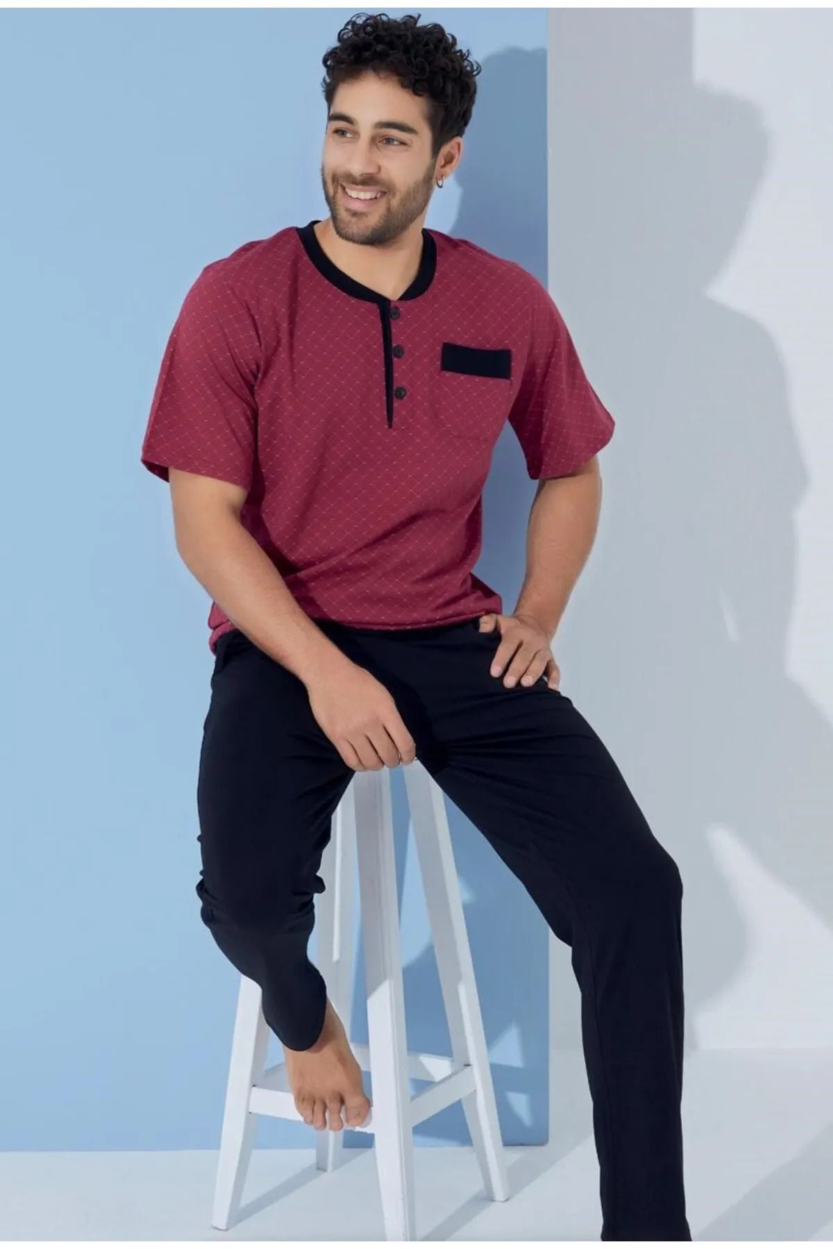 Organza Butik Erkek Bisiklet Yaka 3 Düğmeli Desenli Modal Kısa Kol Cepli Pijama Takımı