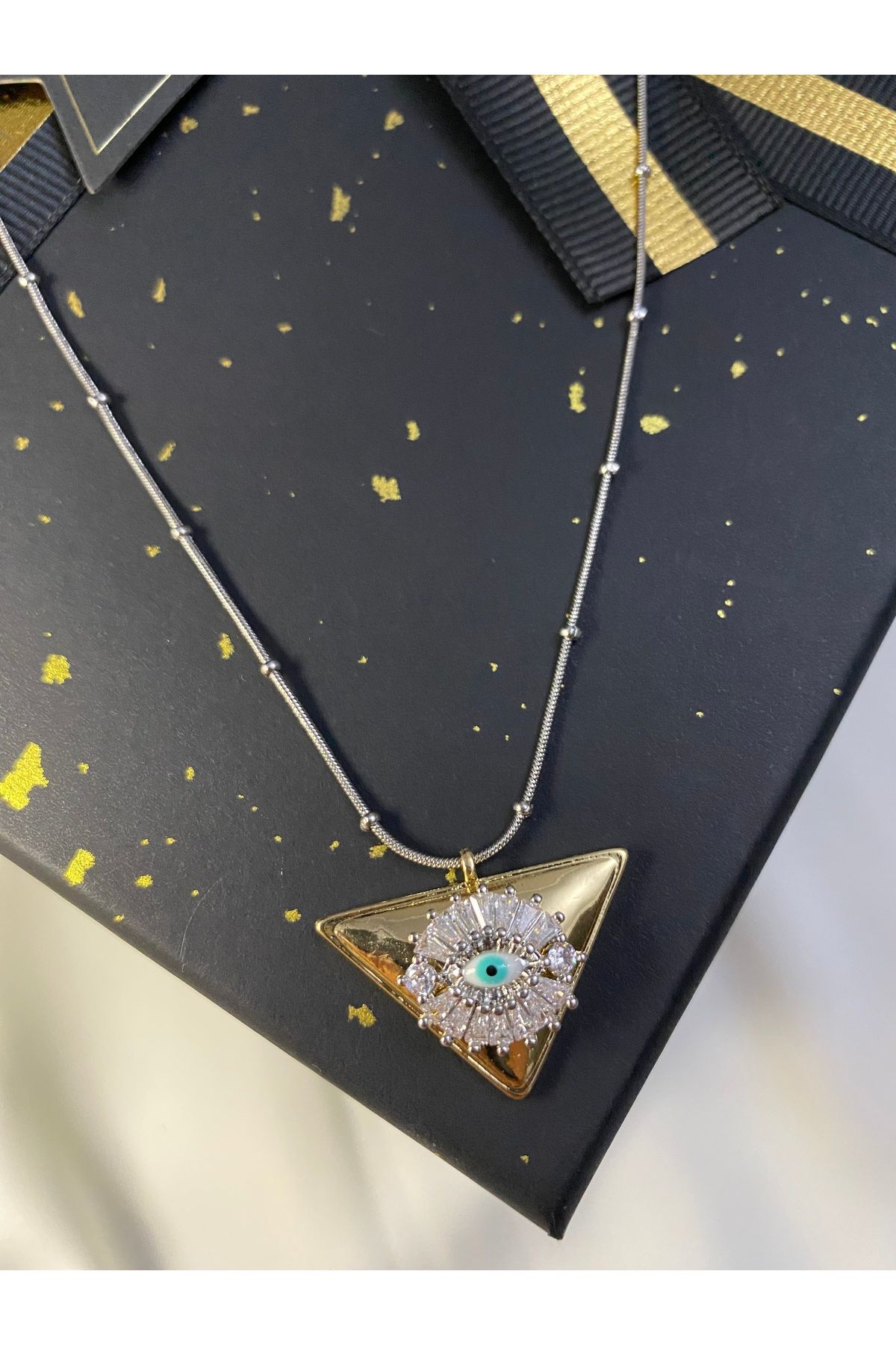 asem jewelry ZİRKON TAŞ GÖZ DETAYLI ÜÇGEN ÇELİK KOLYE