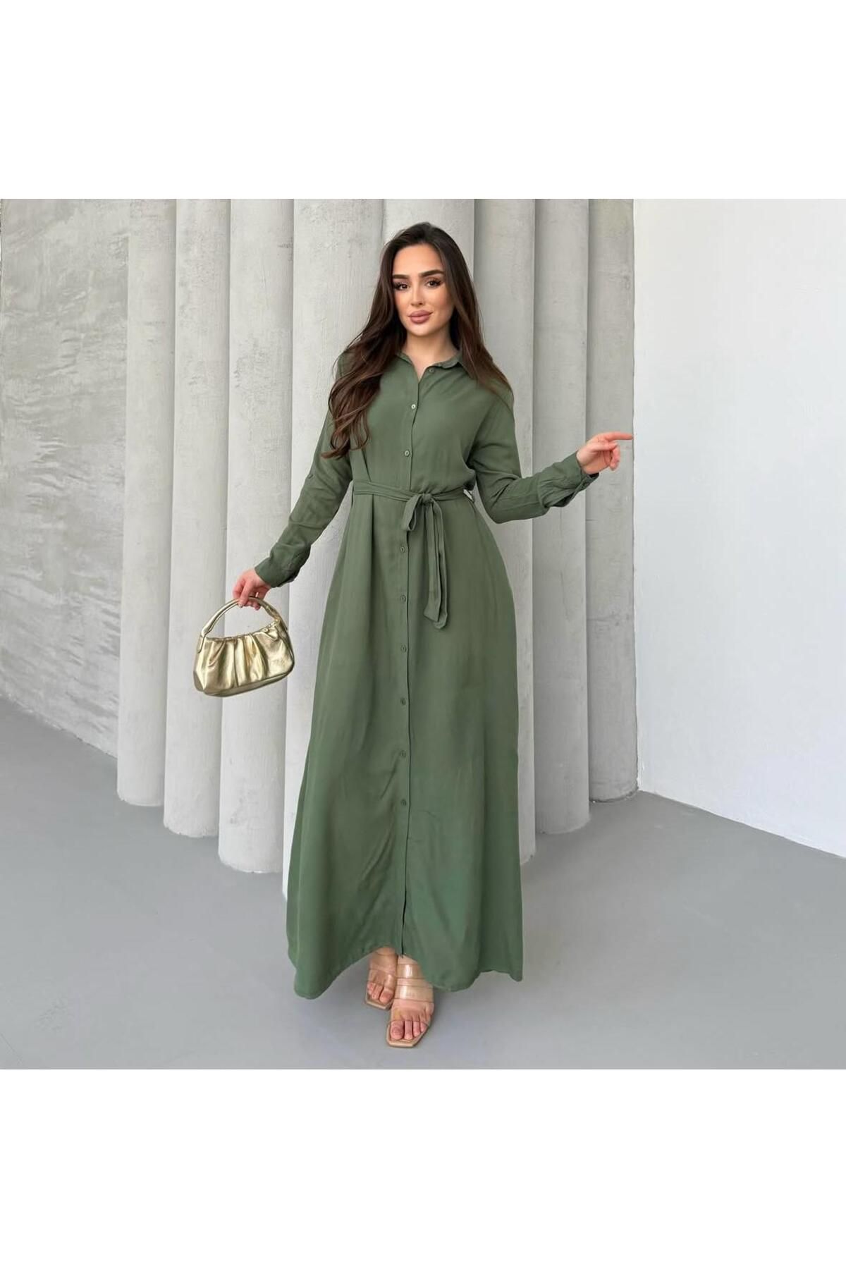 Anna Moda Kuşaklı Haki Düz Elbise