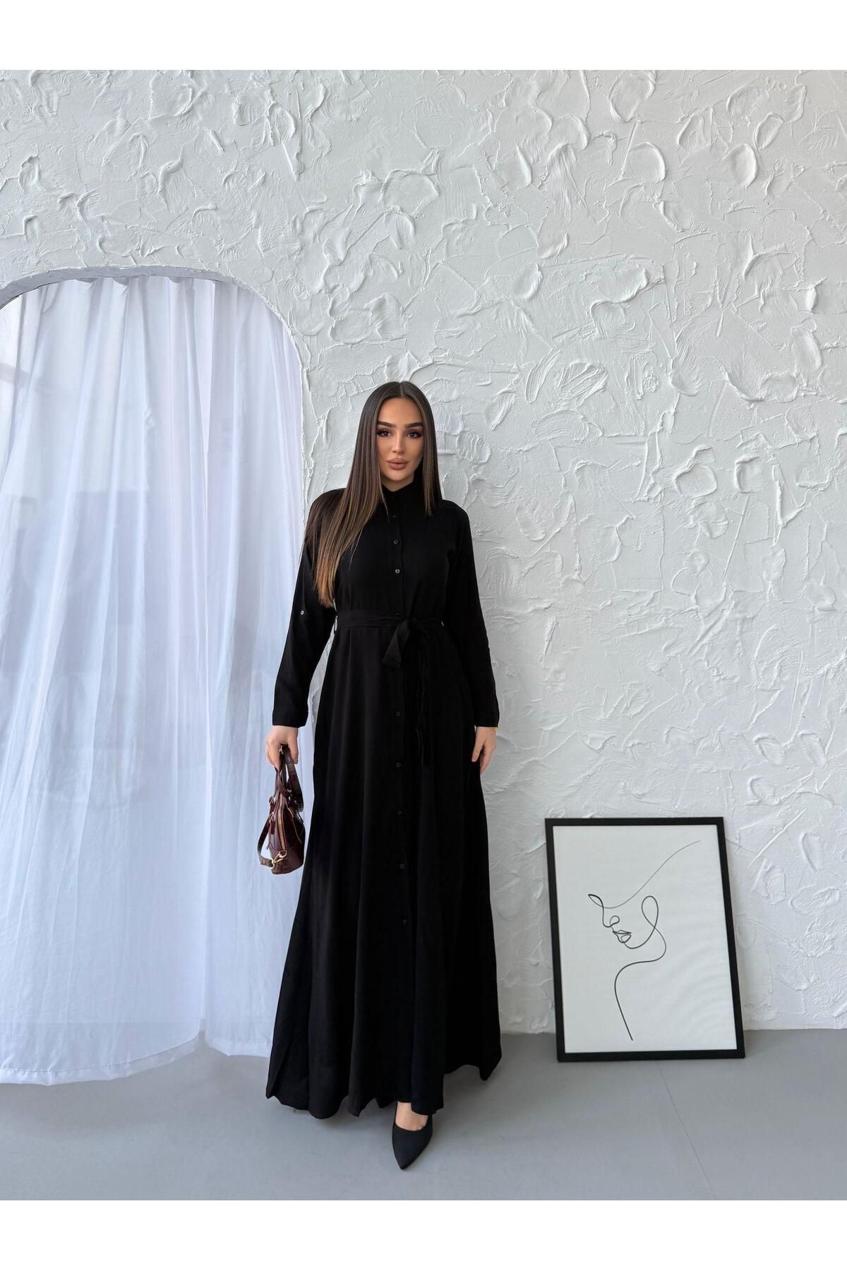 Anna Moda Kuşaklı Siyah Düz Elbise