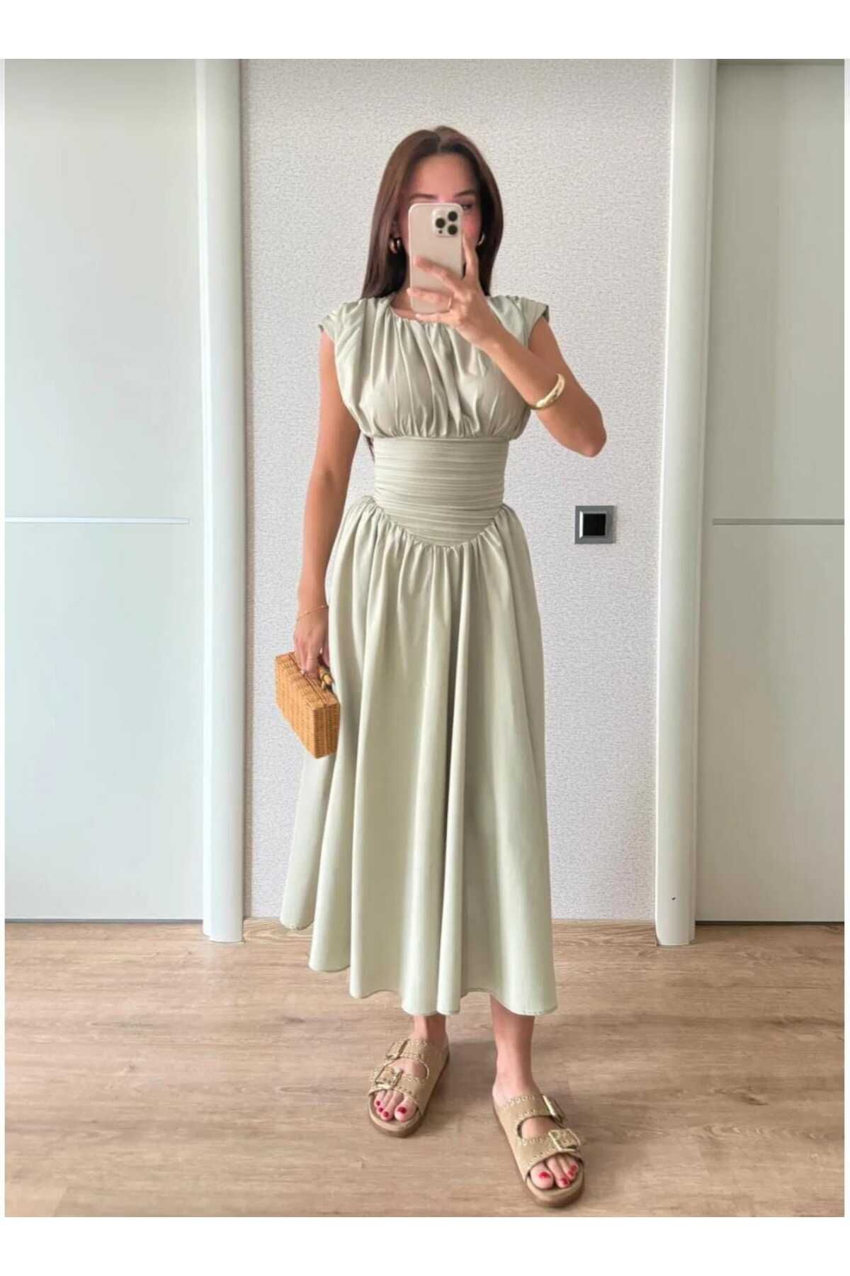 lovmi drapeli geniş çan etek beli büzgü tasarım kısa kollu bele oturan pinterest şık muadil midi elbise