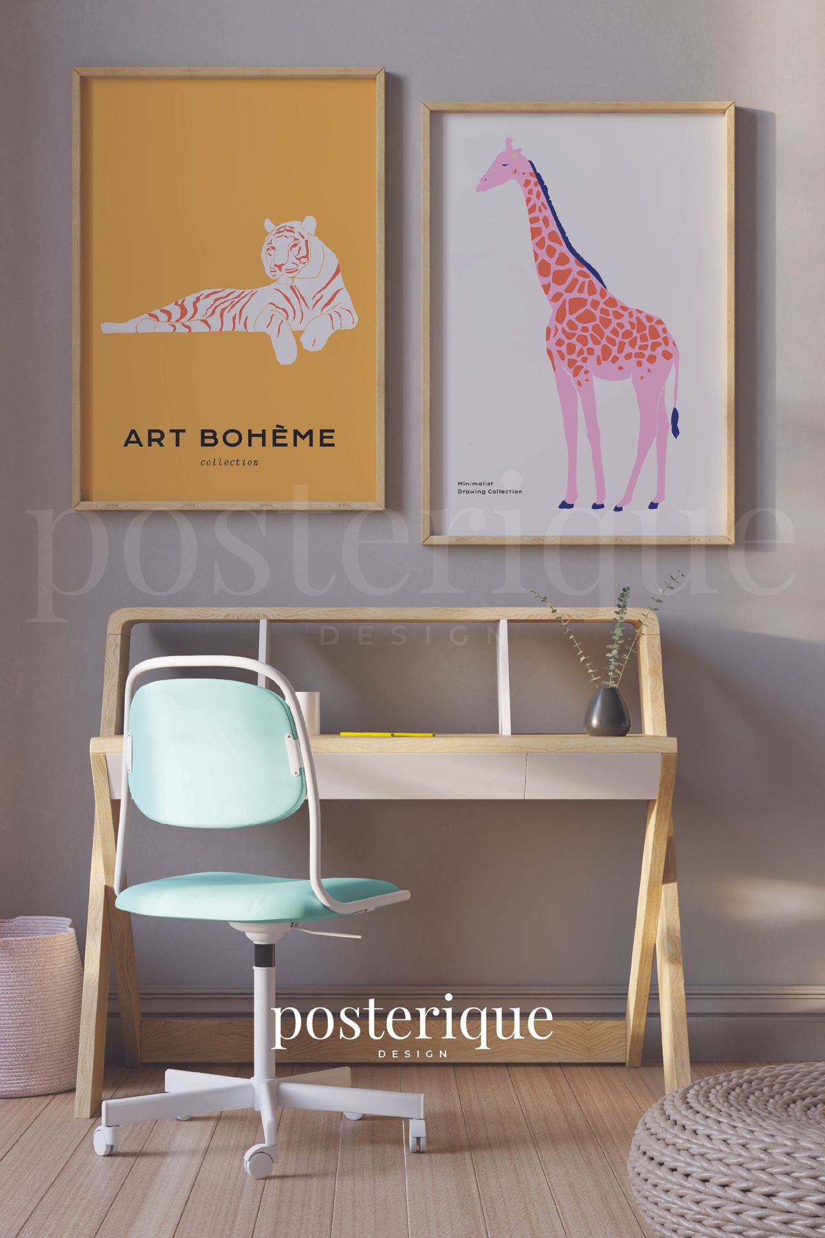 posterique Boheme Animal 2 li Çerçevesiz Tablo Çerçevesiz Poster Modern Poster Dekoratif Poster