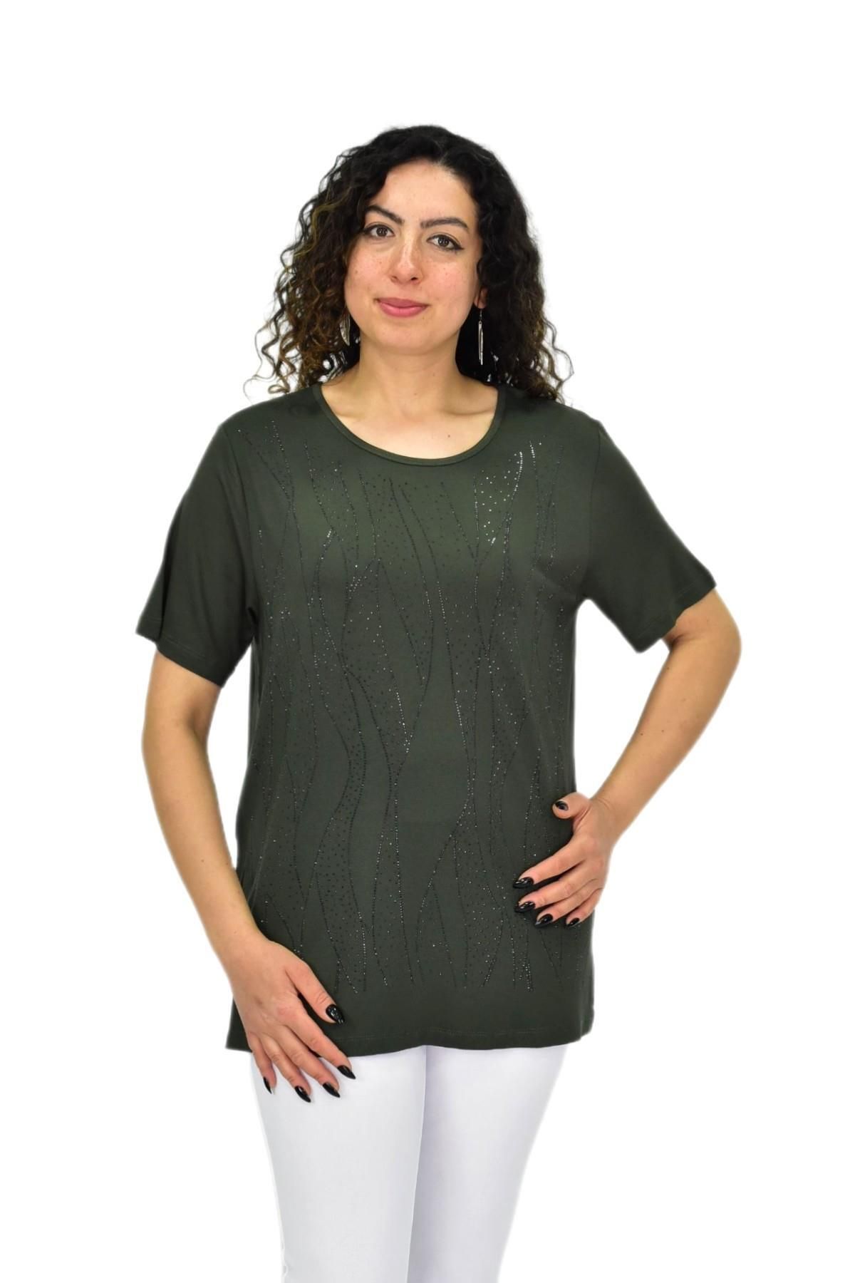 wearon tekstil Kadın Viskon Taşlı Kısa Kol Bluz BGL-ST04679