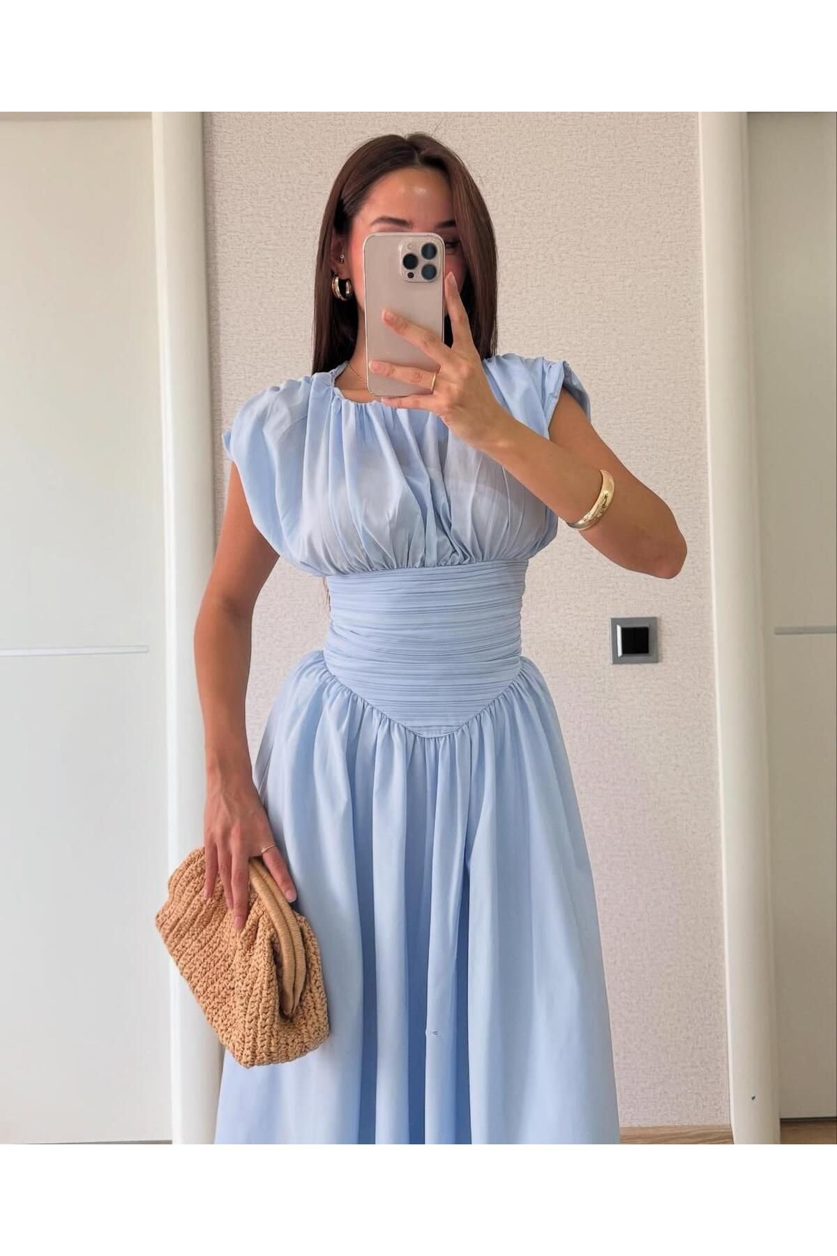 lovmi drapeli geniş çan etek beli büzgü tasarım kısa kollu bele oturan pinterest şık muadil midi elbise