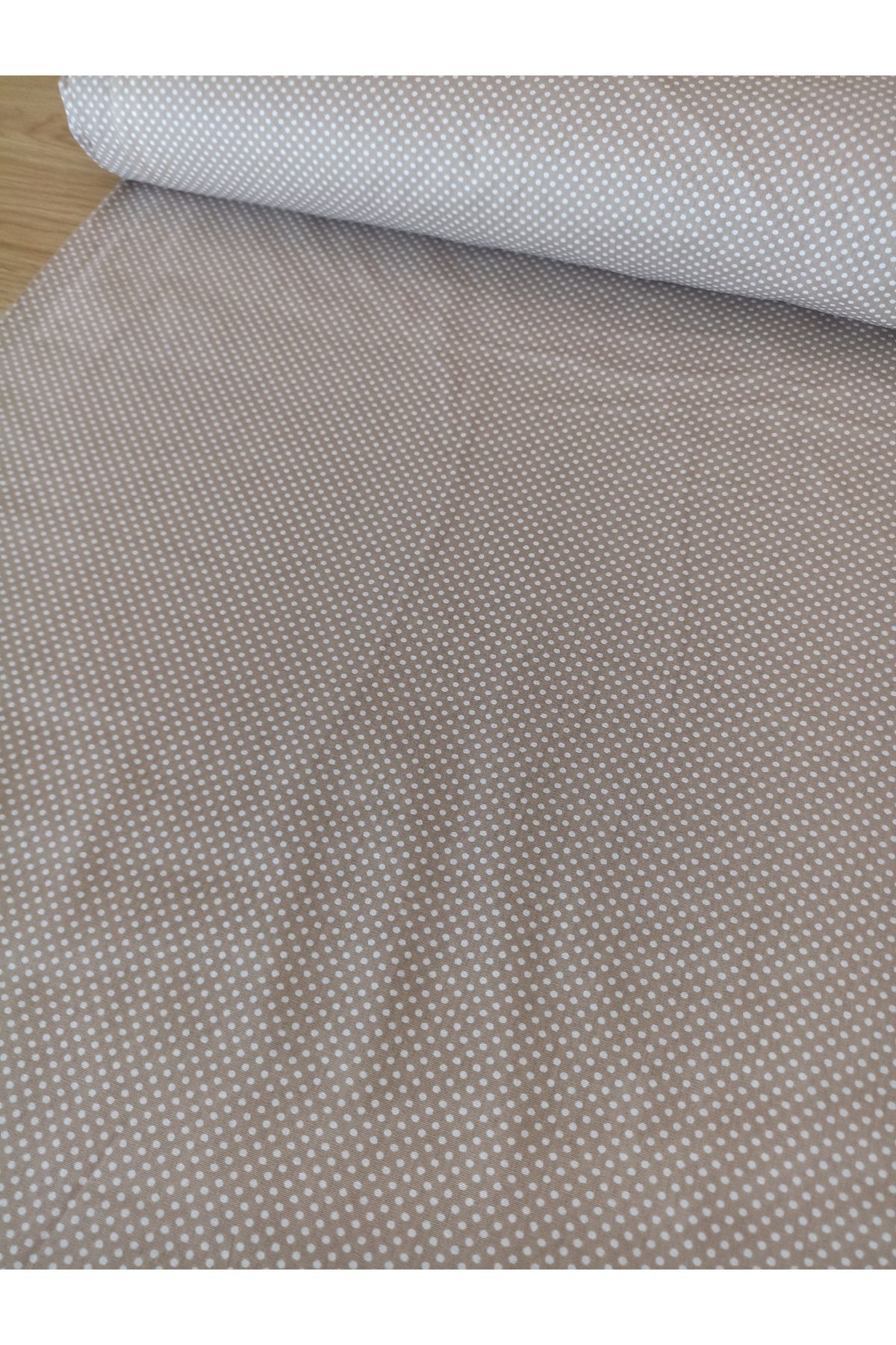 ida design store Sütlü Kahve Beyaz Puantiyeli %100 Pamuk Poplin Kumaş 100x240
