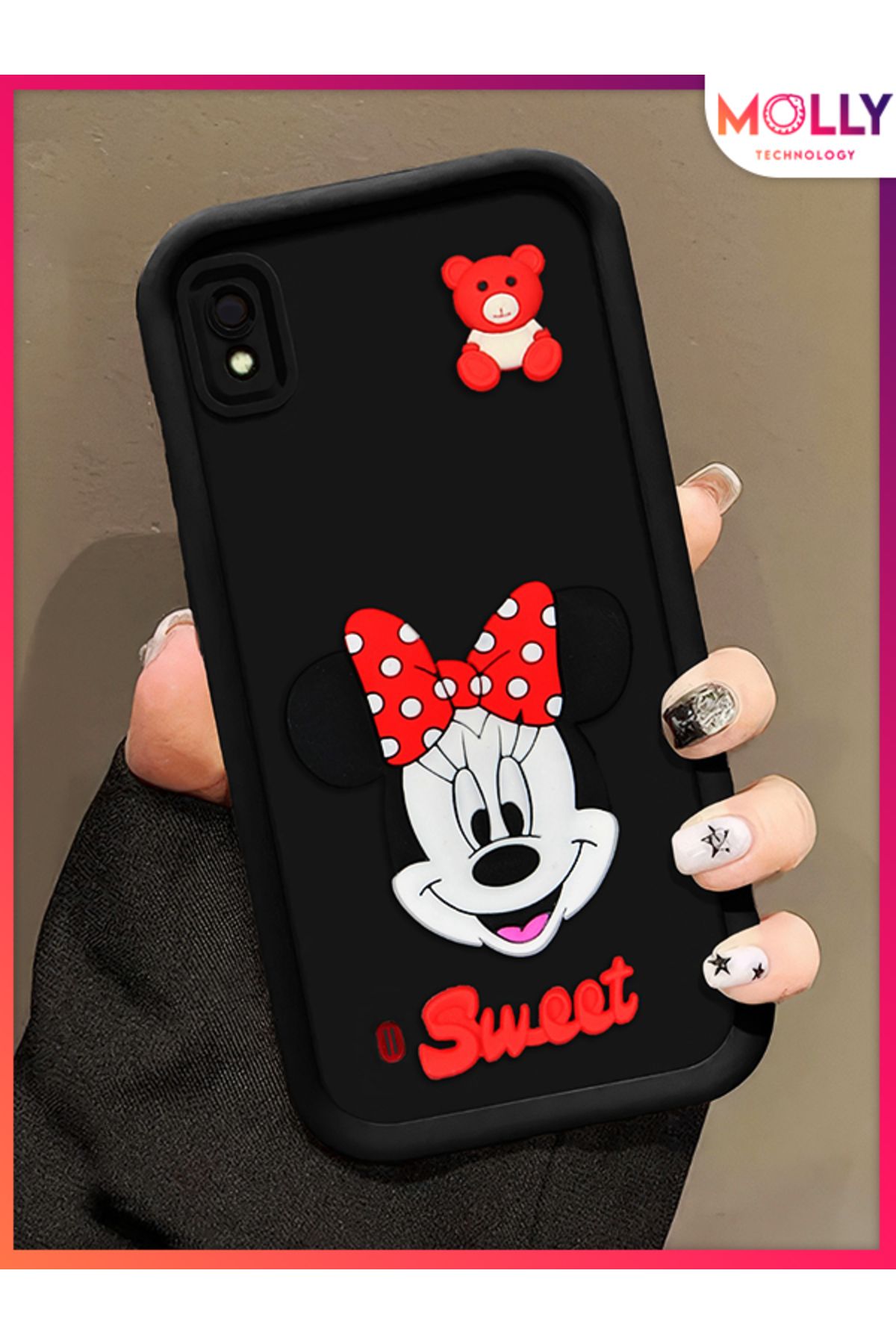 Molly Samsung Galaxy A10 İçin Siyah Kenarları Kalın 3d Kabartmalı Sevimli Minnie Silikon Kılıf