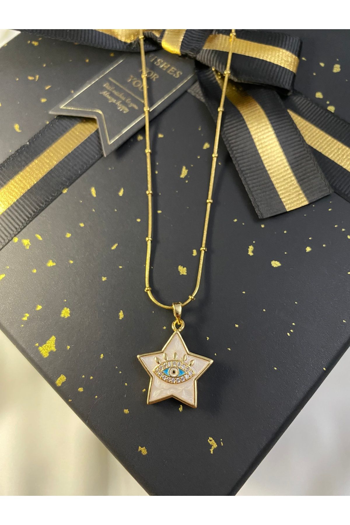 asem jewelry GOLD RENK GÖZ DETAYLI YILDIZ FİGÜRLÜ ÇELİK KOLYE