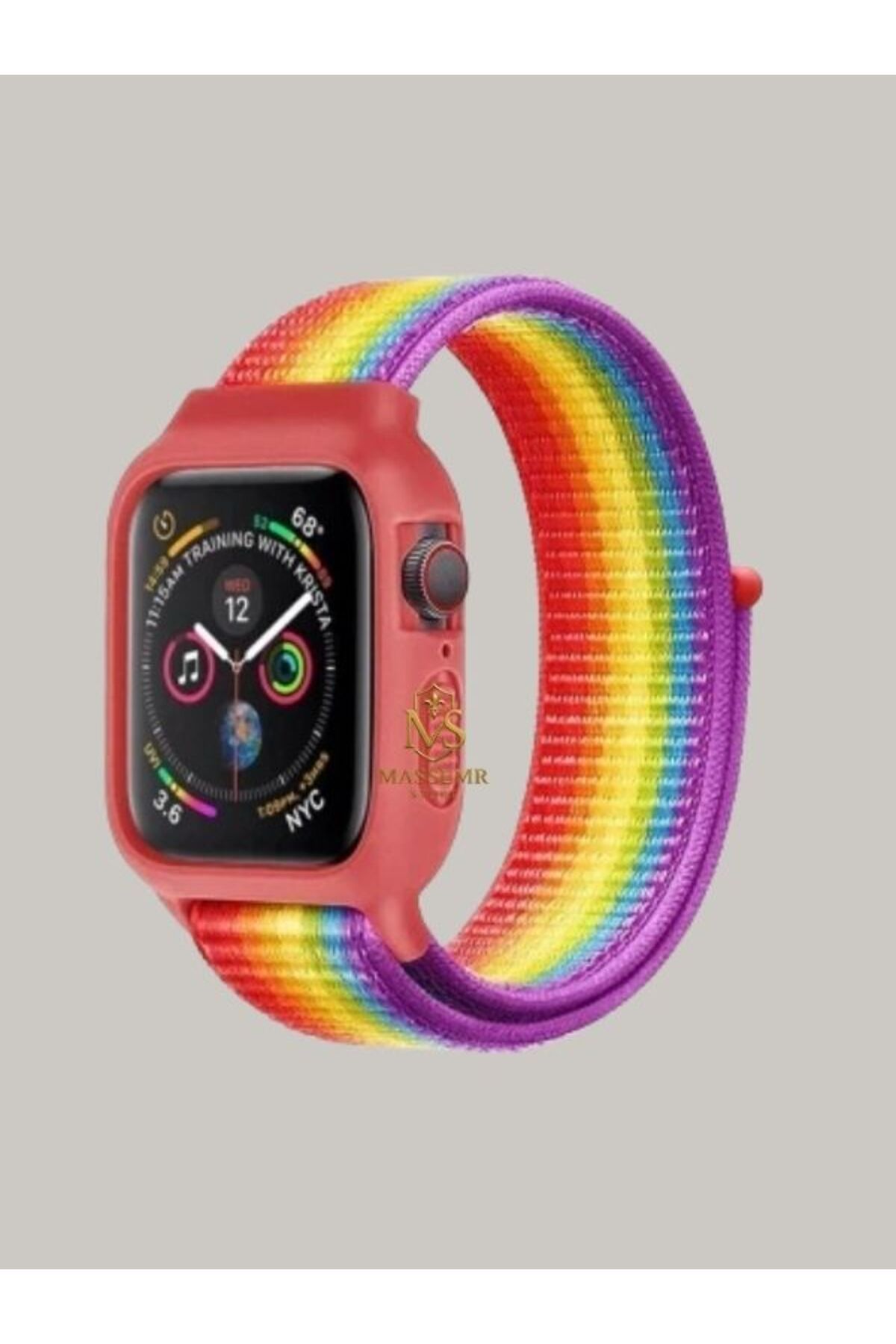 Massemr Apple Watch 44mm Uyumlu Hasırlı Cırtcırtlı Manyetik Kasalı Şık Akıllı Saat Kordonu