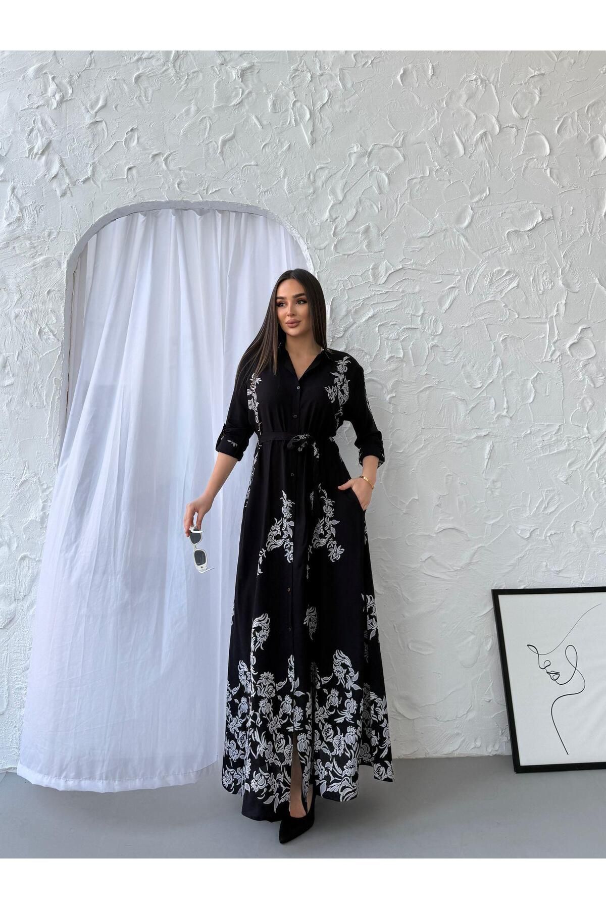 Anna Moda Kuşaklı Damla Desen Elbise