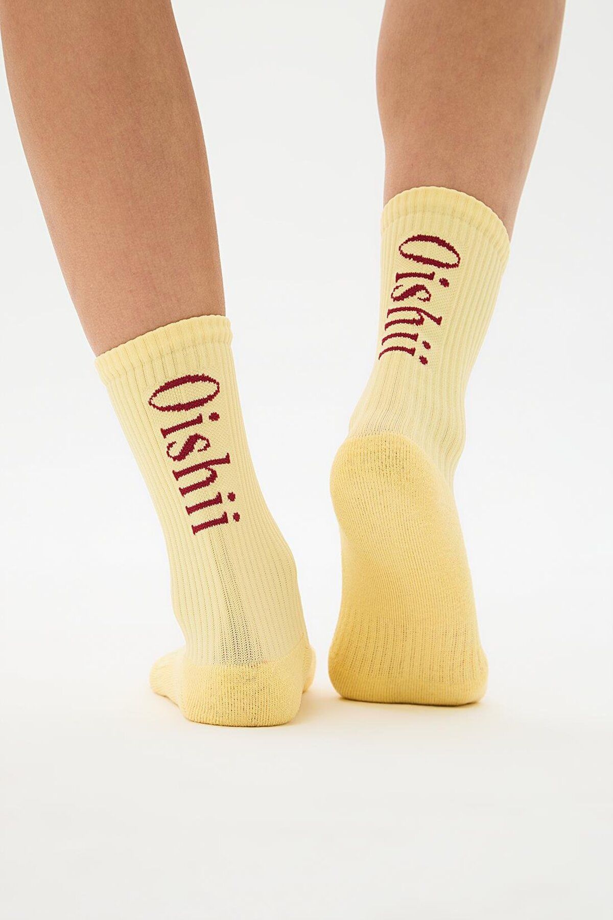 Oishii Spor Soket Çorap Yarım Havlu Dik Bordo Desen Sarı