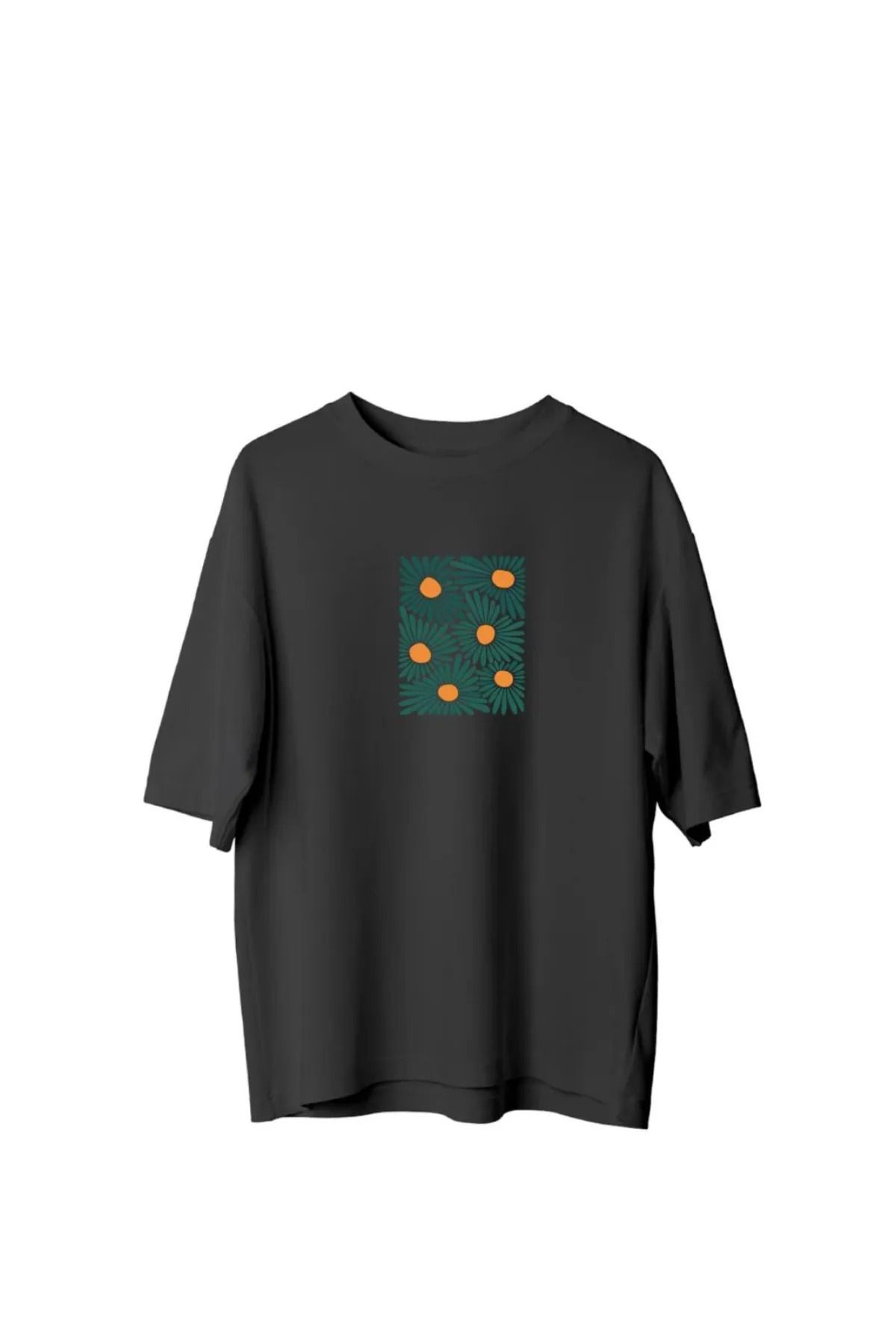 Koklonmoda Büyük Beden Unisex Yeşil Çiçek Baskılı Oversize T-Shirt