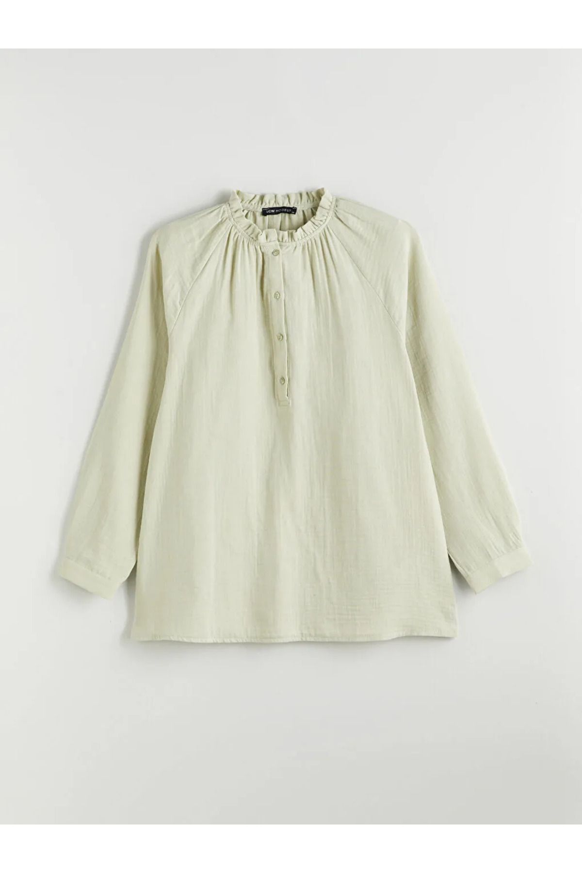 LC Waikiki LCW Modest Yeşil Fırfırlı Dik Yaka Müslin Kadın Tunik