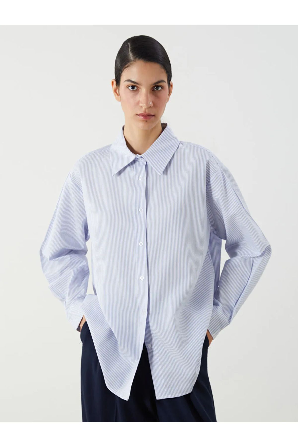 LC Waikiki LCW Modest Mavi Çizgili Oversize Poplin Kadın Gömlek Tunik