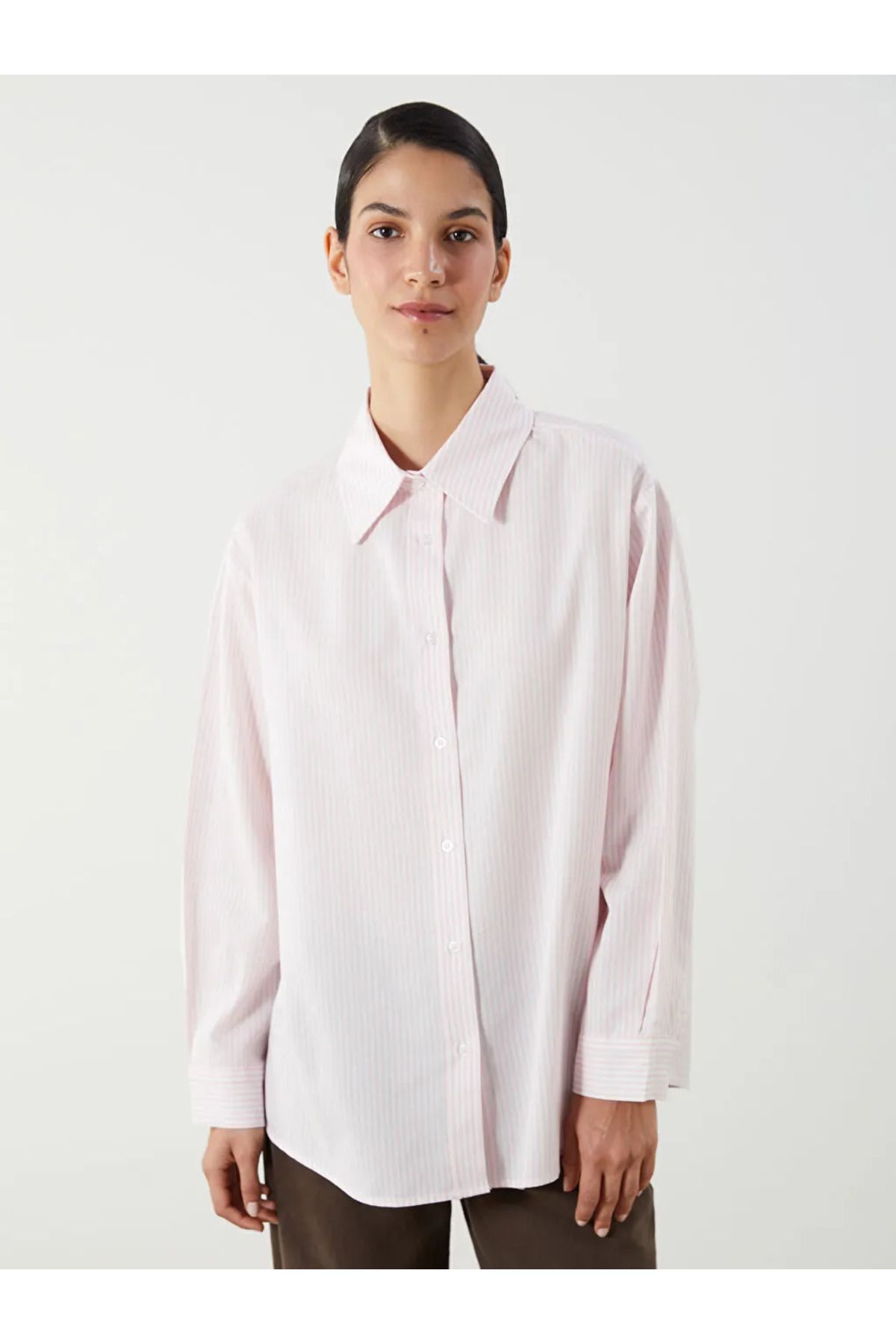 LC Waikiki LCW Modest Pembe Çizgili Oversize Poplin Kadın Gömlek Tunik